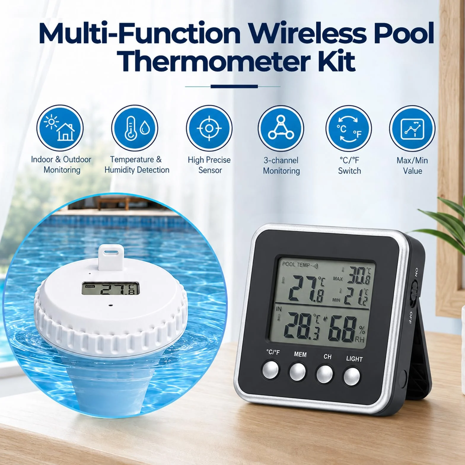 Termómetro de Piscina Inalámbrico 150m Sensor Flotante IPX8 Impermeable Monitor Interior Medición Tiempo Real