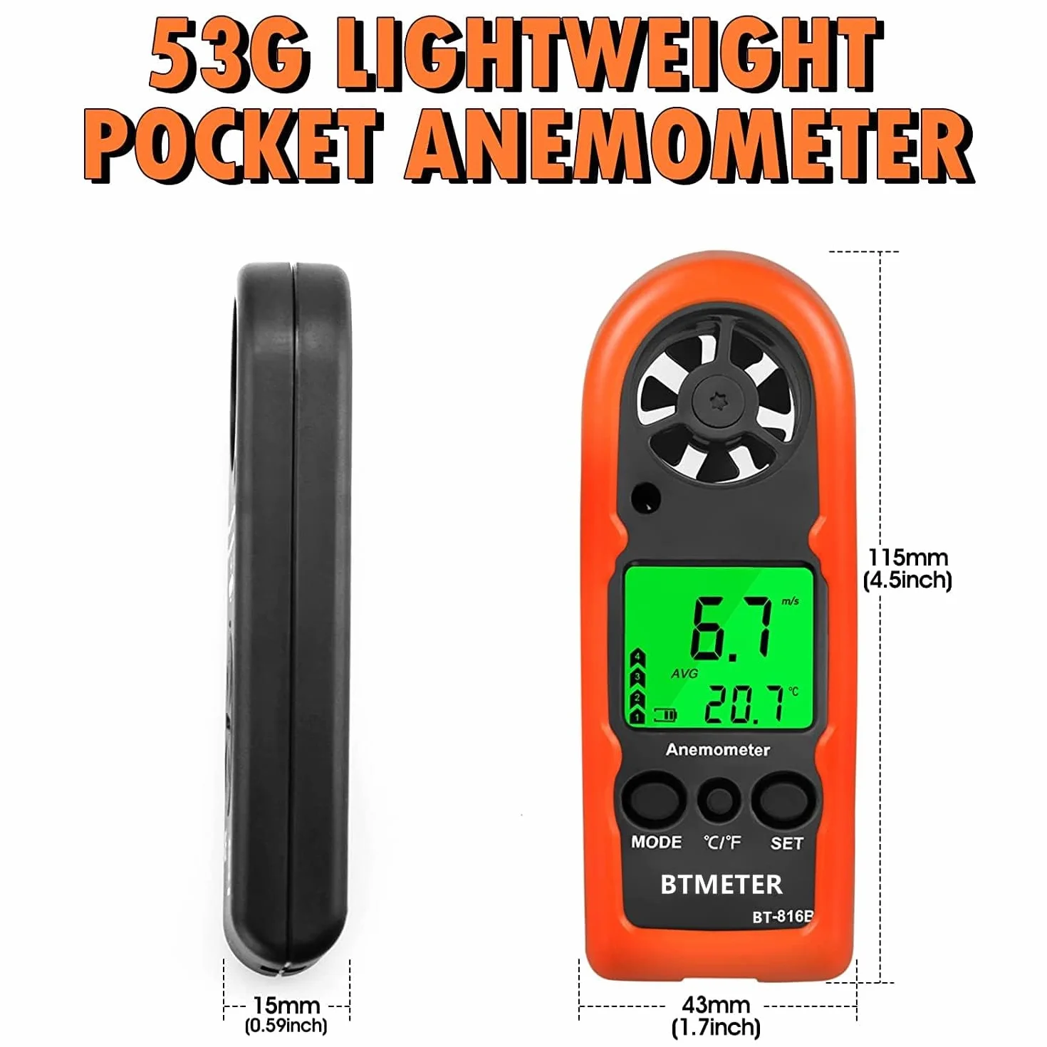 BTMETER BT-816B Anemómetro de mano digital, medidor de velocidad del viento con retroiluminación LCD