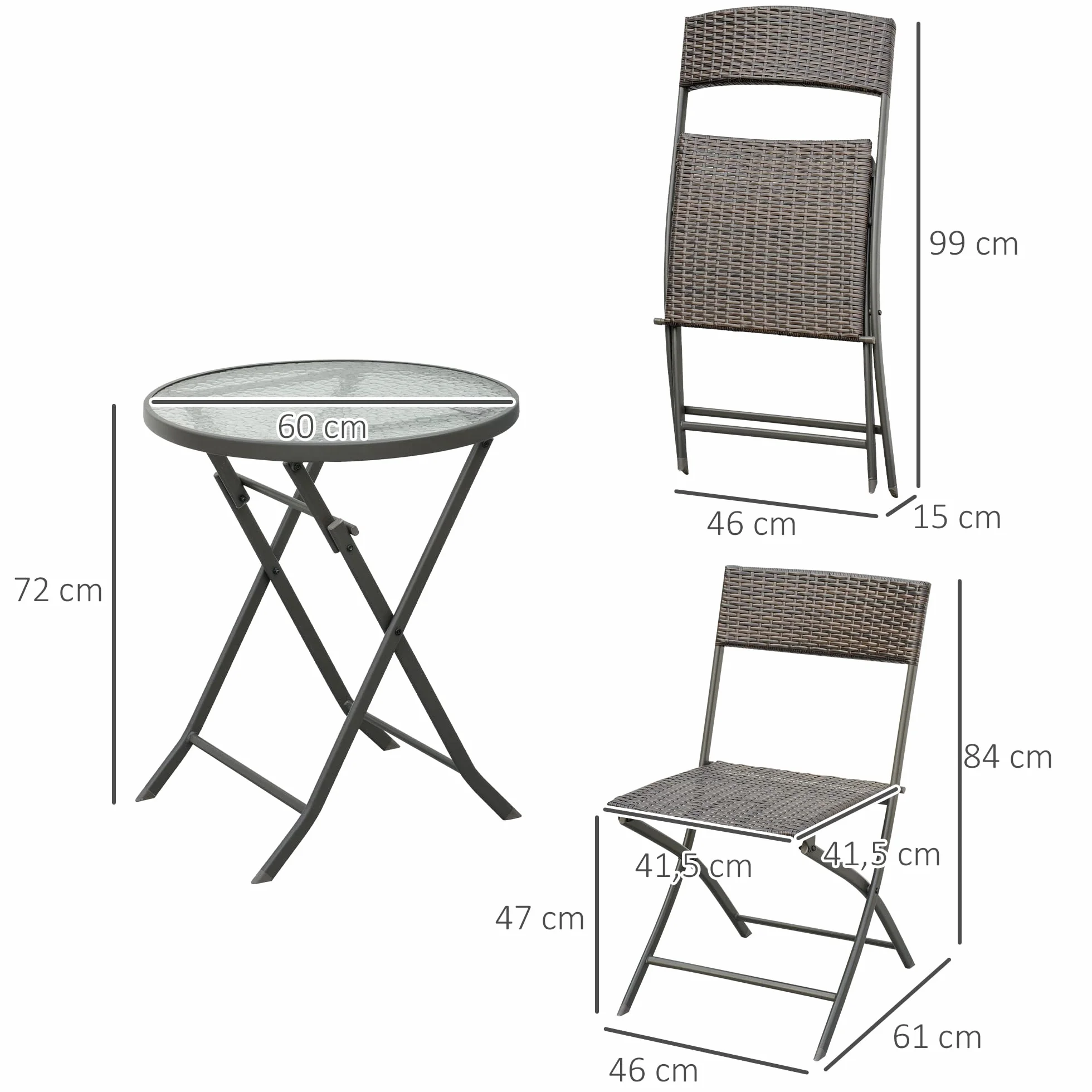 Outsunny Conjunto de Muebles de Jardín Mesa y 2 Sillas Ratán Sintético Plegables con Mesa de Vidrio Marrón