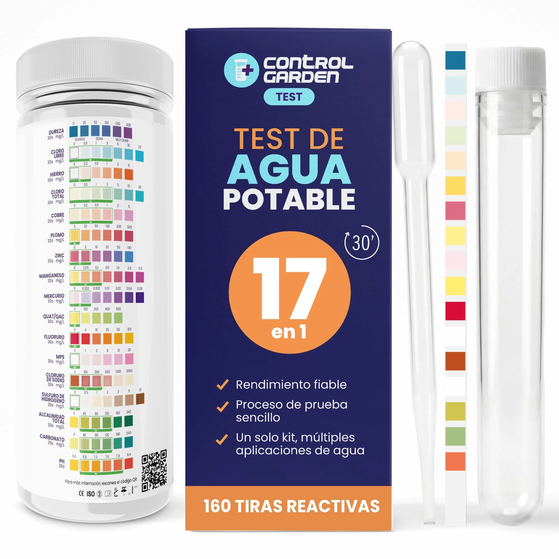Test Agua Potable 17 en 1 160 Tiras Reactivas pH Dureza Cloro Metales Pesados Kit Profesional