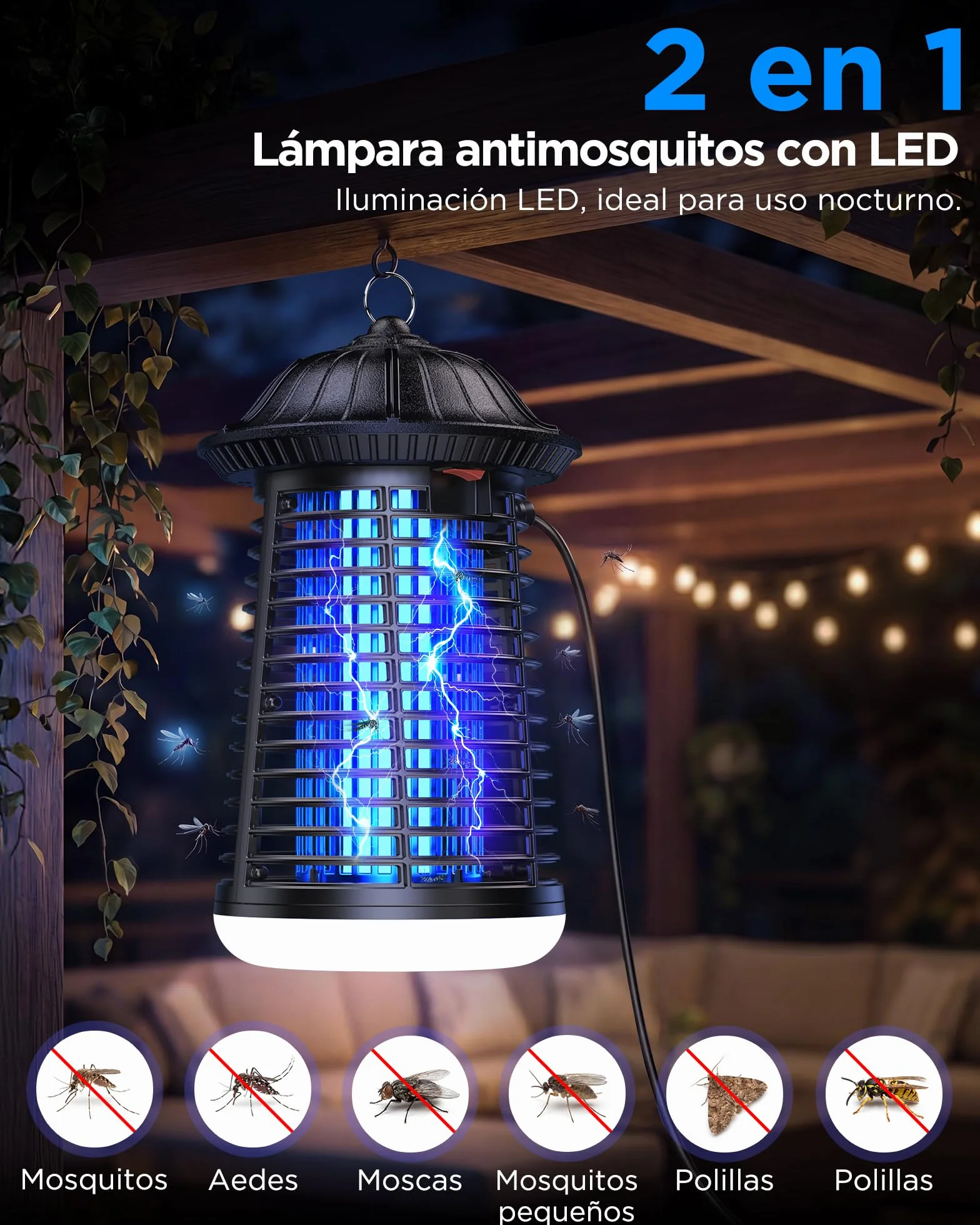Lámpara Antimosquitos LED VIWAVE 4200V 15W UV Mata Mosquitos Eléctrico Exterior Interior IPX4 150m²