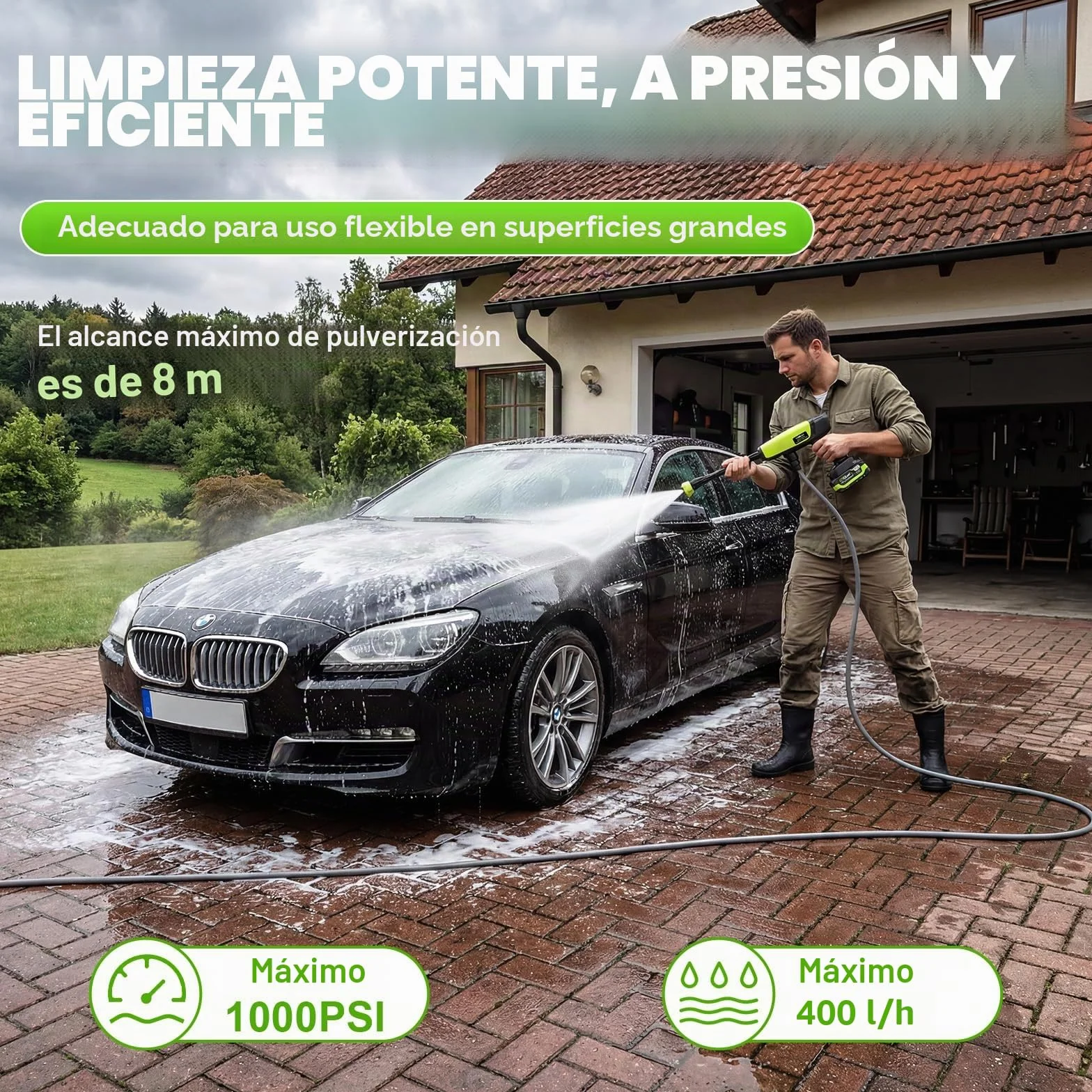 VOERJIA Hidrolimpiadora de Alta Presión a Batería 1000 PSI, Pistola de Agua Inalámbrica con 2 Baterías 4.0Ah