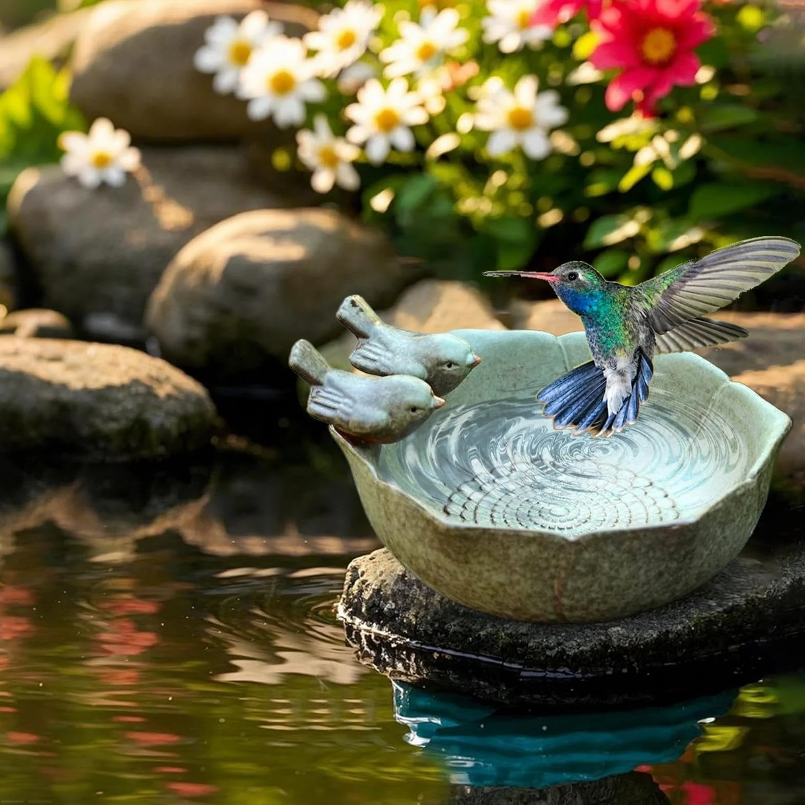 Ceramic Bird Bath Bowl, Garden Bird Feeder, 6.3x6.3x3.15 Inches Decorative Birdbath Tray