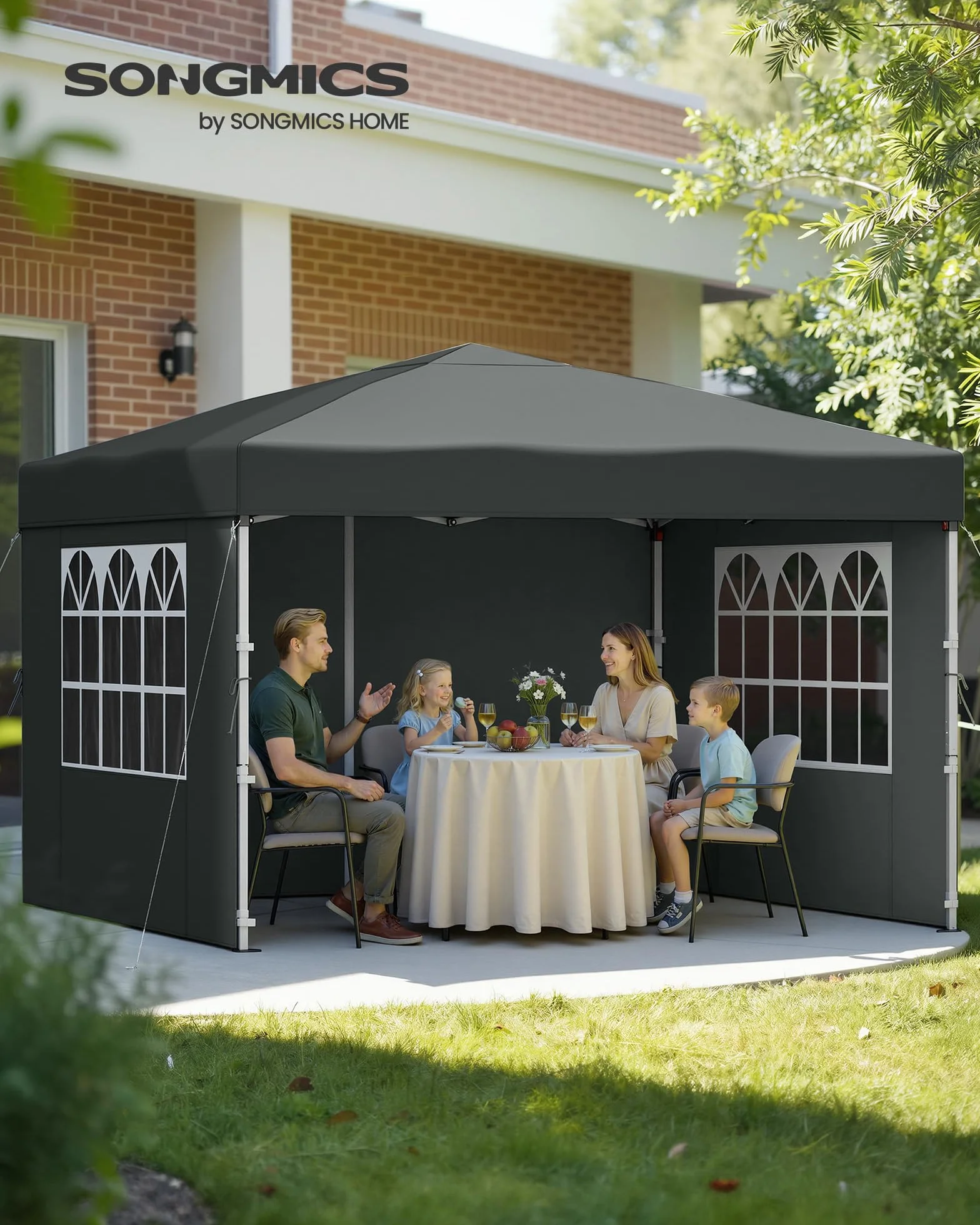 SONGMICS Cenador 3 x 3 m con Paneles Laterales, Carpa Plegable, Protección Solar, Resistente a Lluvia Ligera, Portátil, para Patio, Jardín, Mercadillo, Gris Oscuro GCT104GZ01