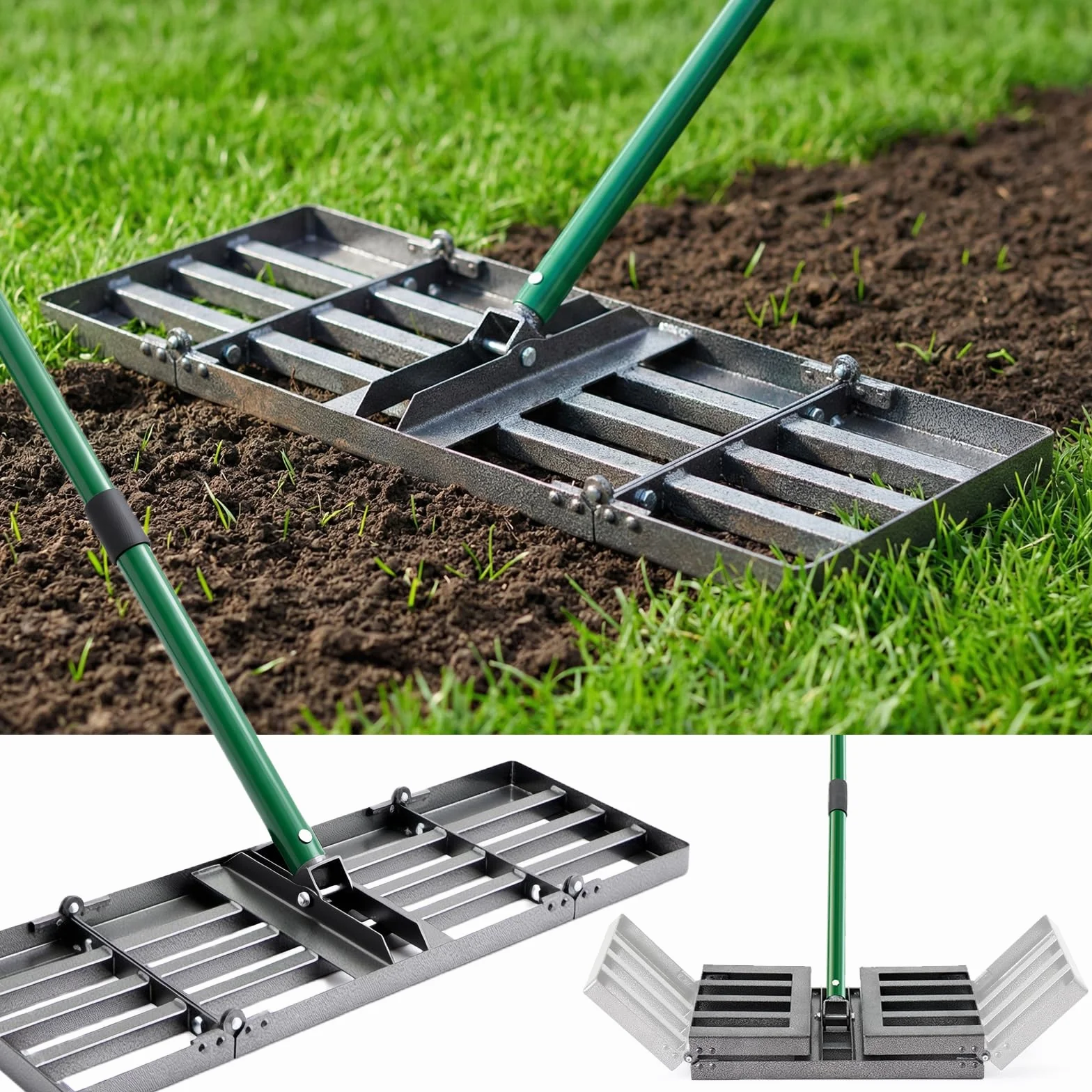 Rastra de nivelación para césped 76x25 cm, mango ajustable 84-196 cm, plegable jardín