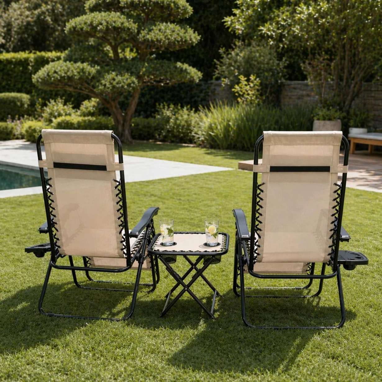Pack 2 Tumbonas Plegables Reclinables Exterior Gravedad Zero Acero Ligero Portavasos Beige