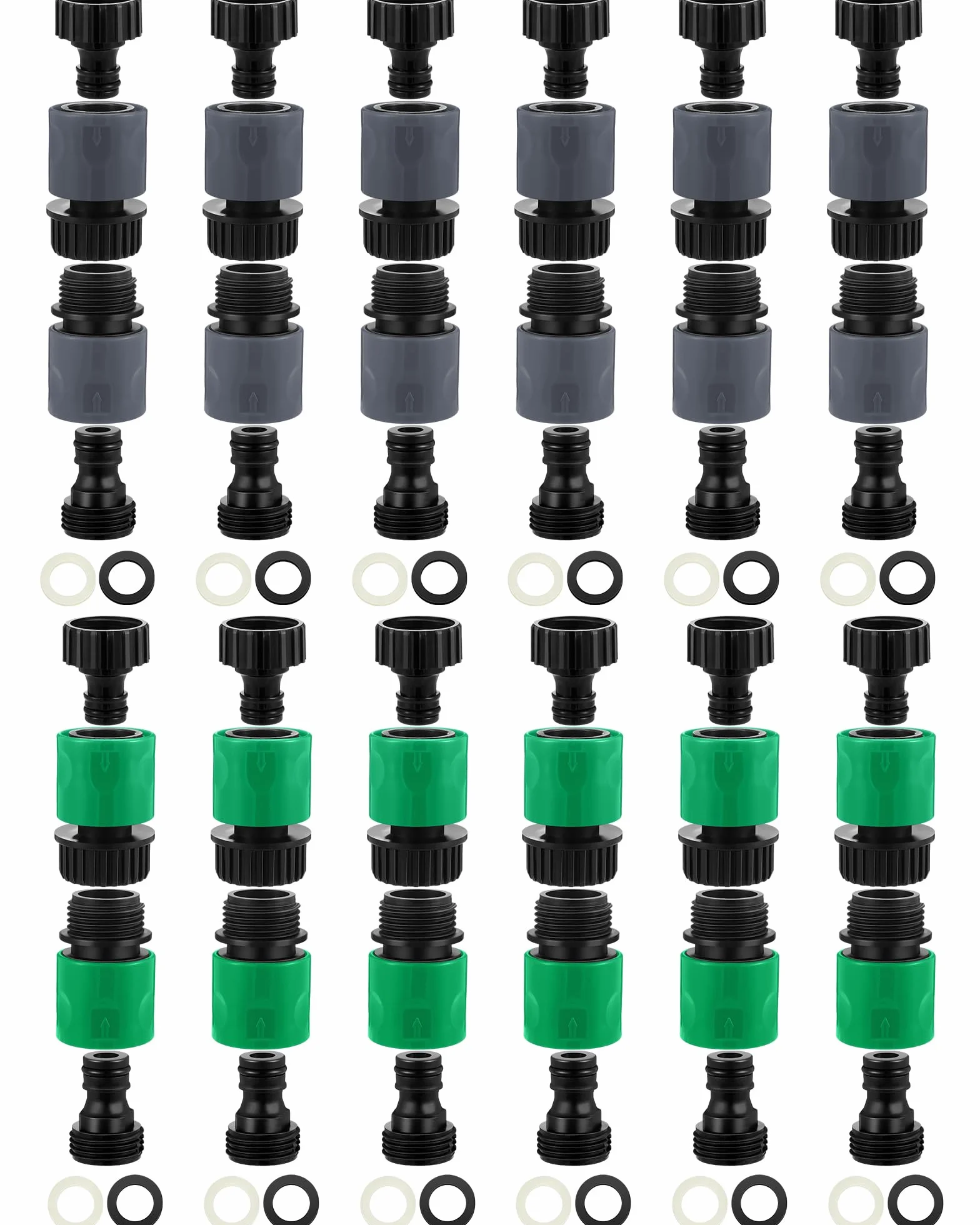 Rossesay 48 conectores rápidos para manguera de jardín de 3/4 pulgadas de plástico para manguera de agua, conectores rápidos macho y hembra, adaptadores de extremo de manguera con 24 juntas de goma