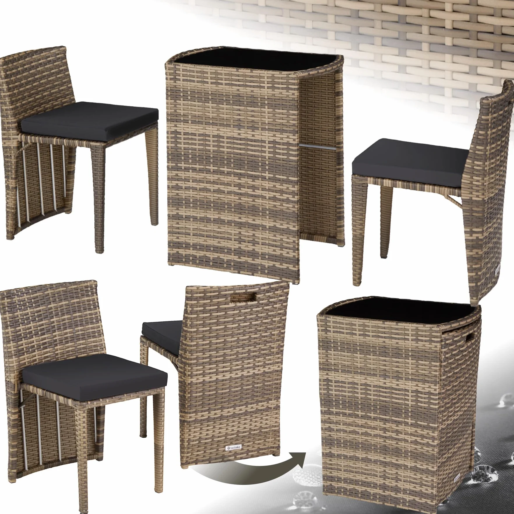 Tectake Conjunto Jardín Exterior Ratán Aluminio 2 Sillas Cojines Mesa Cristal Natural