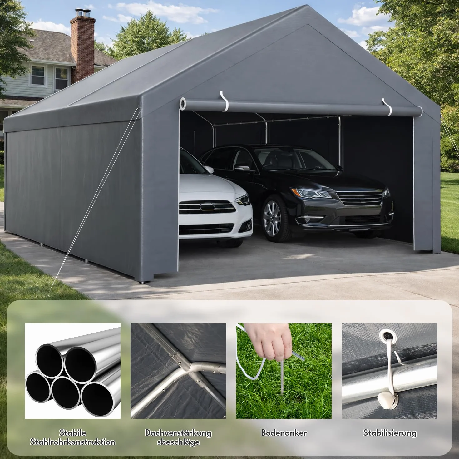Tienda de campaña para garaje 3x4 m impermeable con paredes laterales extraíbles tubos de acero