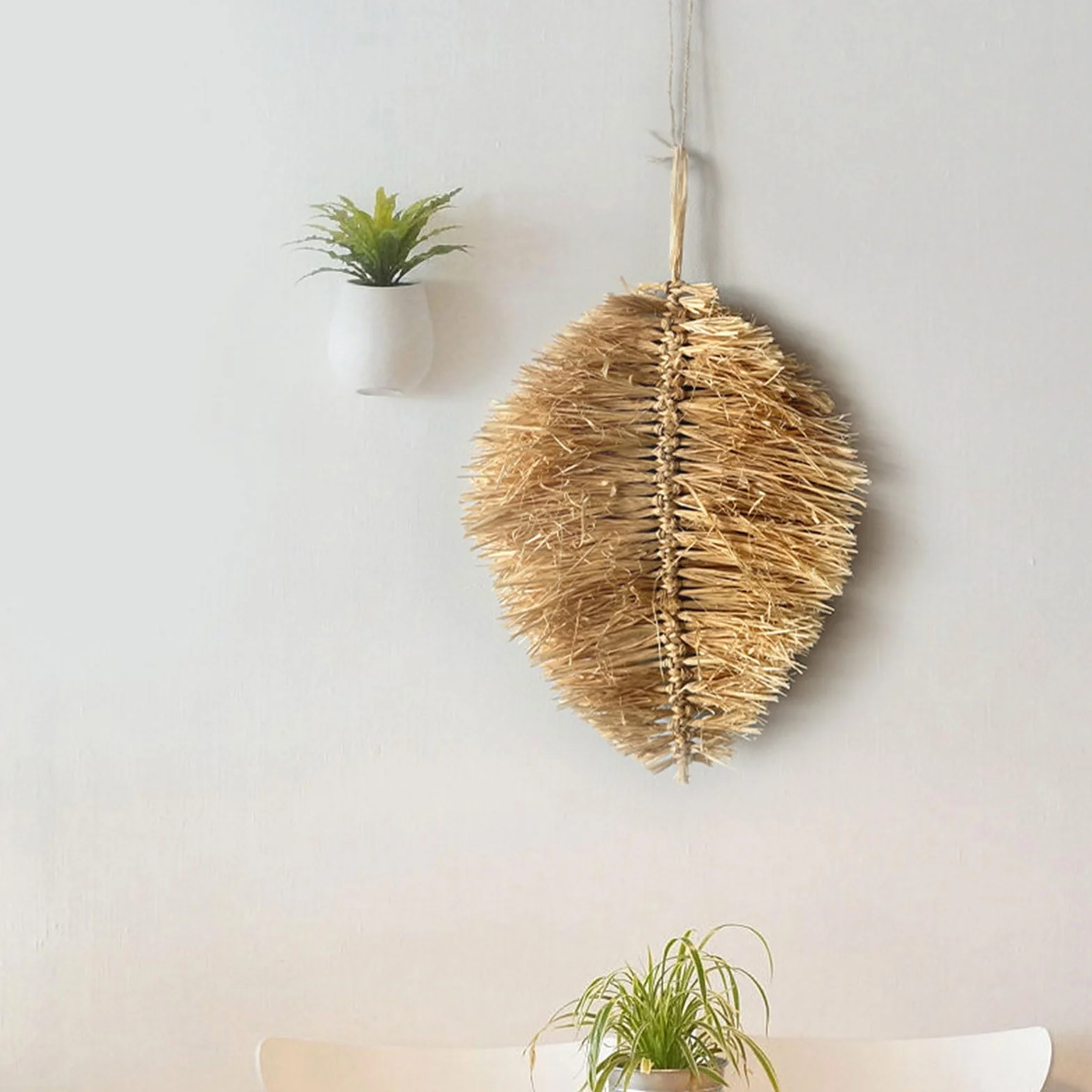 Adorno colgante de pared de rafia tejida a mano con forma de hoja, decoración para cabaña y dormitorio
