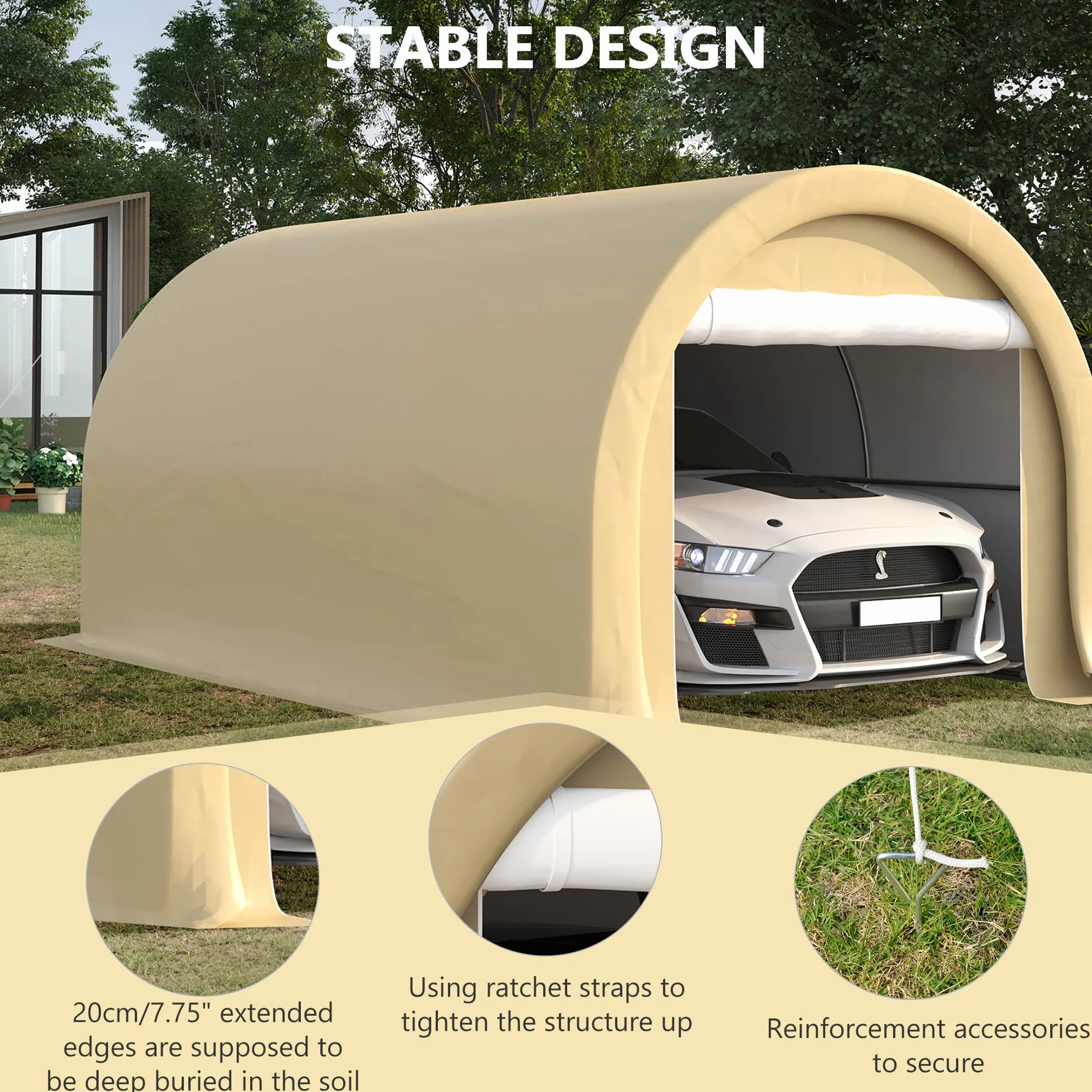 Outsunny Tente cochera 5L x 3l x 2,4H m Acero galvanizado PE Alta Densidad 190 g/m² Impermeable Anti-UV Beige