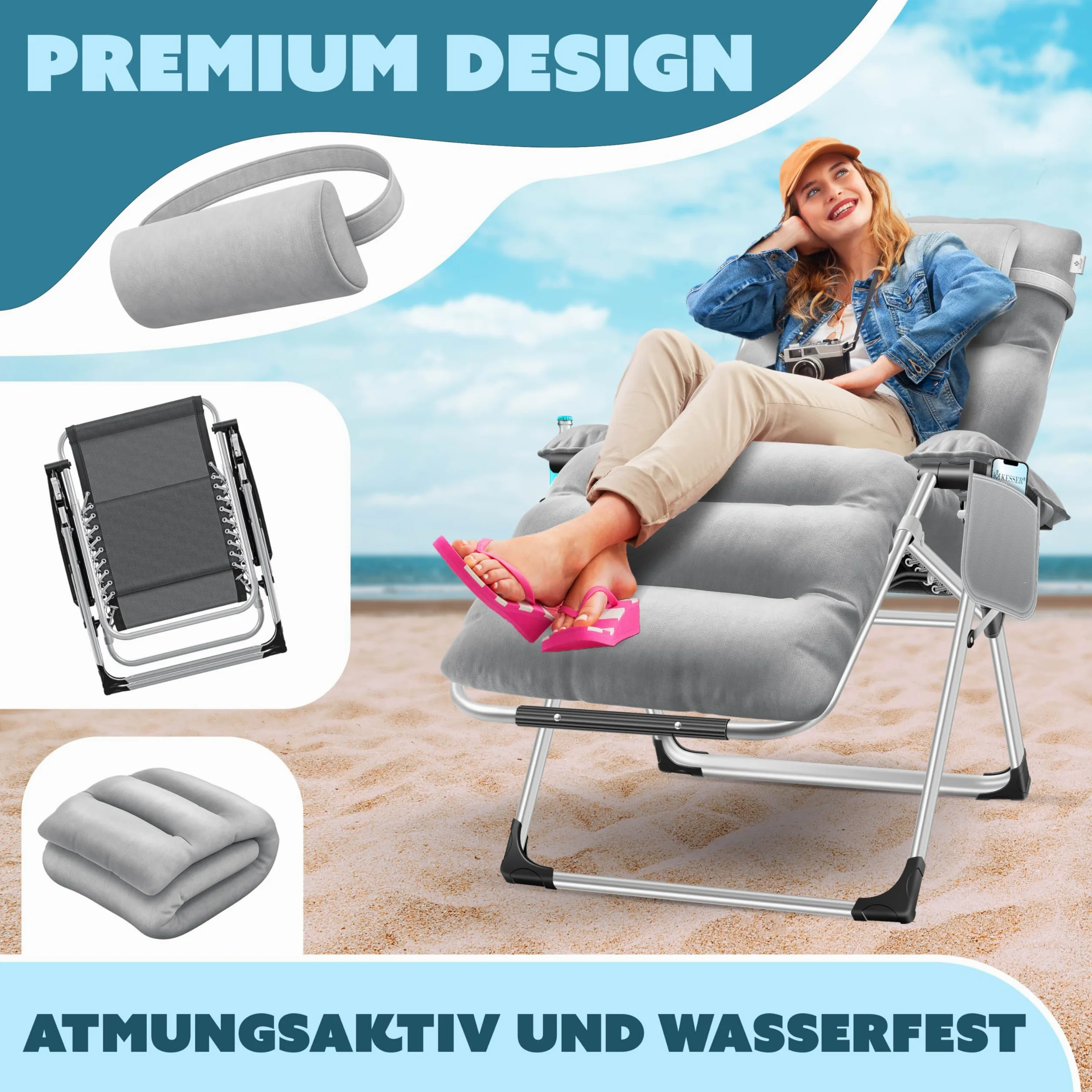 KESSER® Tumbona Plegable XXL, Resistente a la Intemperie, Capacidad de Carga 200kg, Tapizado Ergonómico, Respaldo Ajustable, Cojín Cervical, Portavasos y Cojín para Brazos, Basic - Gris