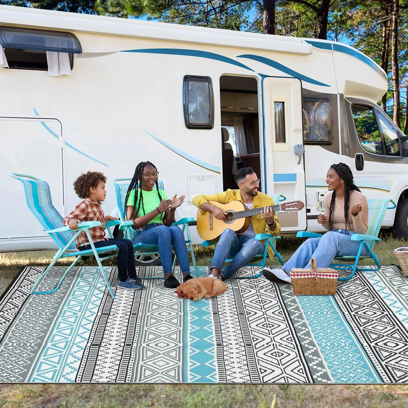 CAROMIO Alfombra exterior 120x240 cm plástico pajita impermeable reversible azul gris
