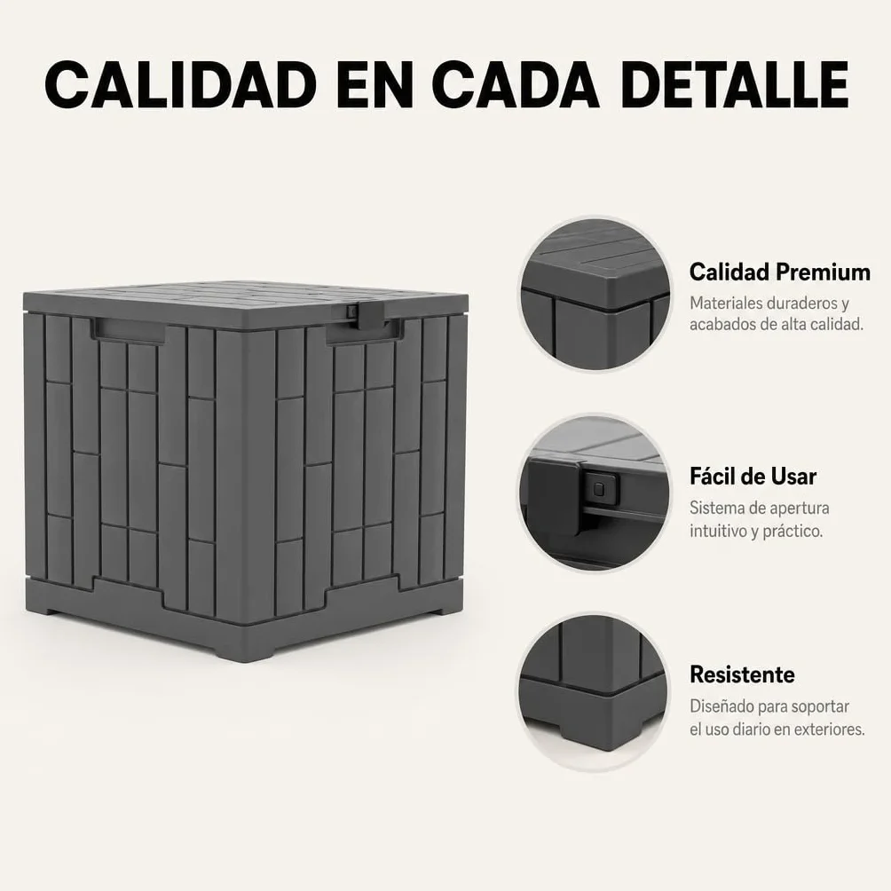 Arcón de Almacenamiento Exterior con Tapa Reforzada y Cierre de Seguridad – Baúl de Jardín Plástico Resistente a UV, Lluvia e Impactos