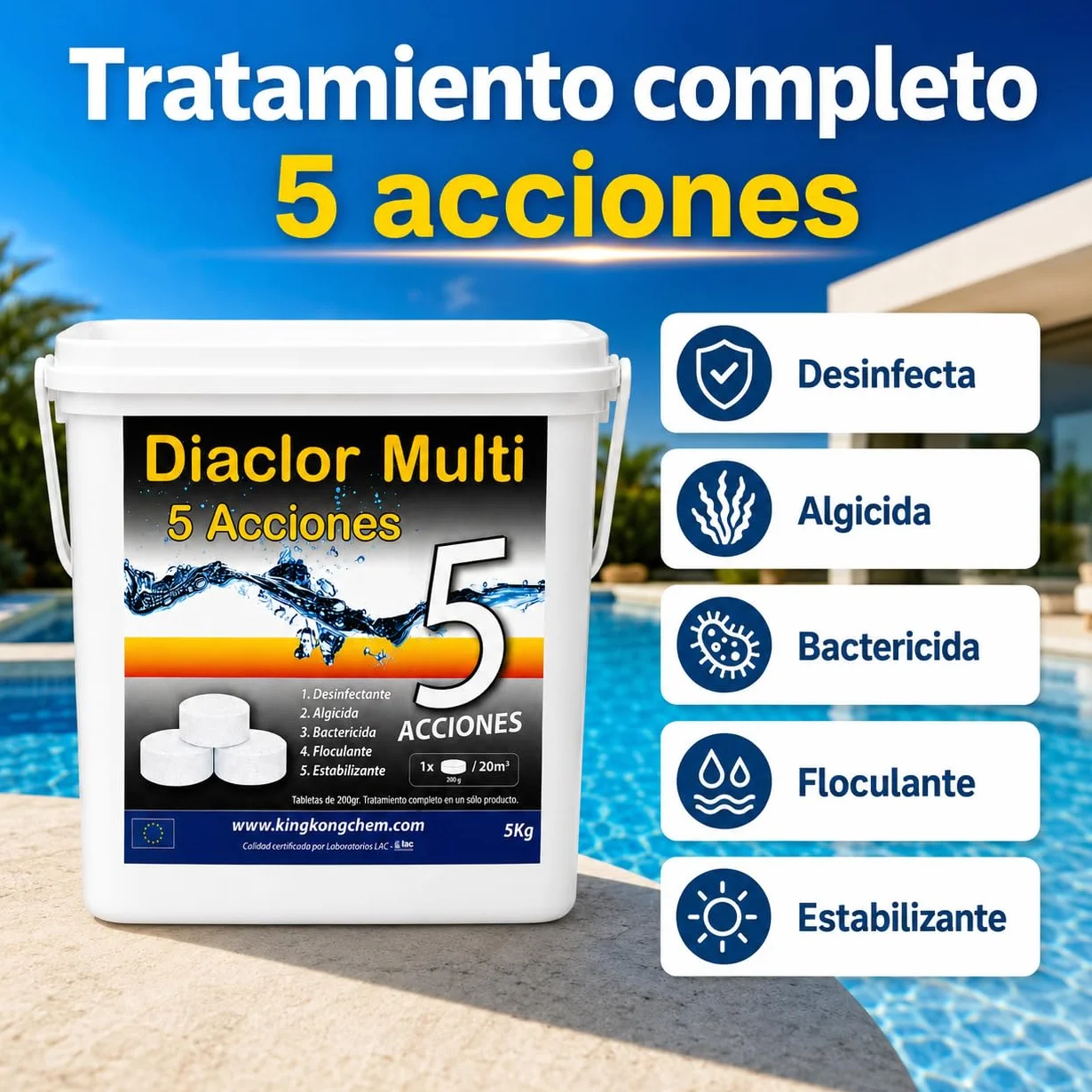 DIACLOR Pastillas de Cloro Lento 200g 5KG 25 Tabletas Multi 5 Acciones para Piscinas
