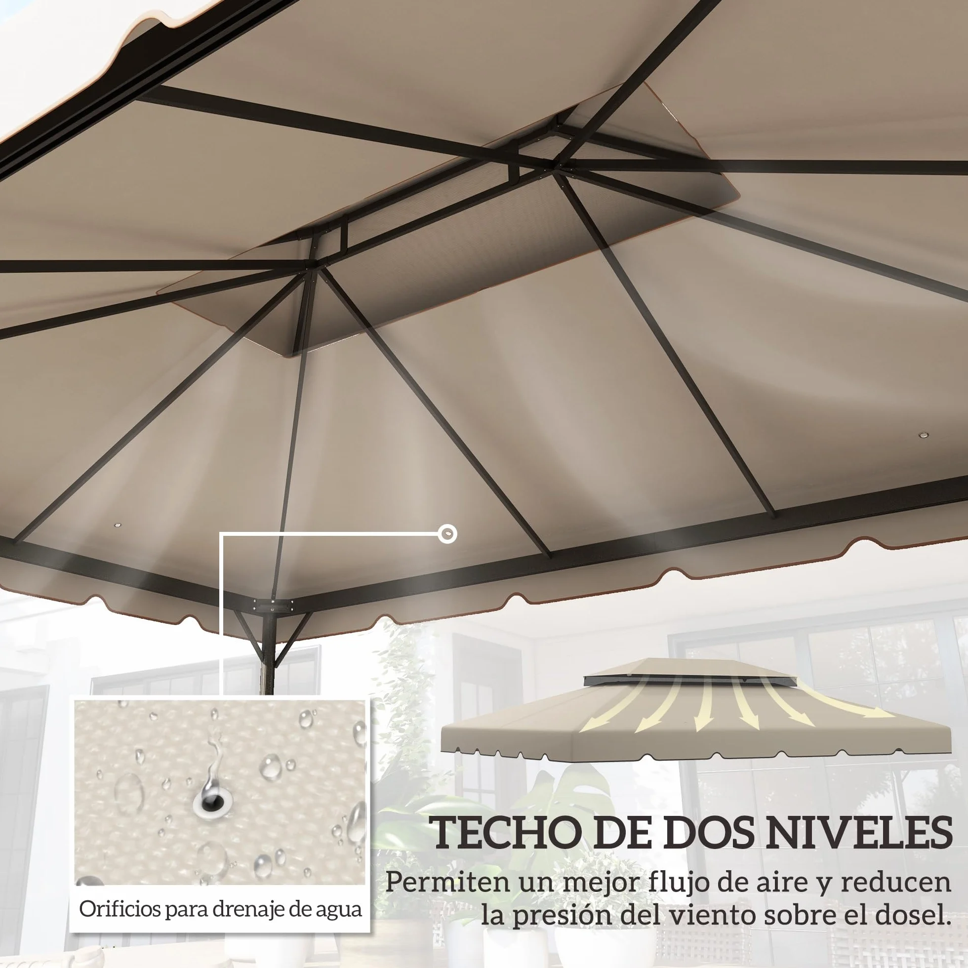 Outsunny Techo de Repuesto para Cenador, 4x3 m, Cubierta de Repuesto con Doble Techo, 8 Orificios de Drenaje, Solo Toldo de Recambio para Pabellón Gazebo, Beige