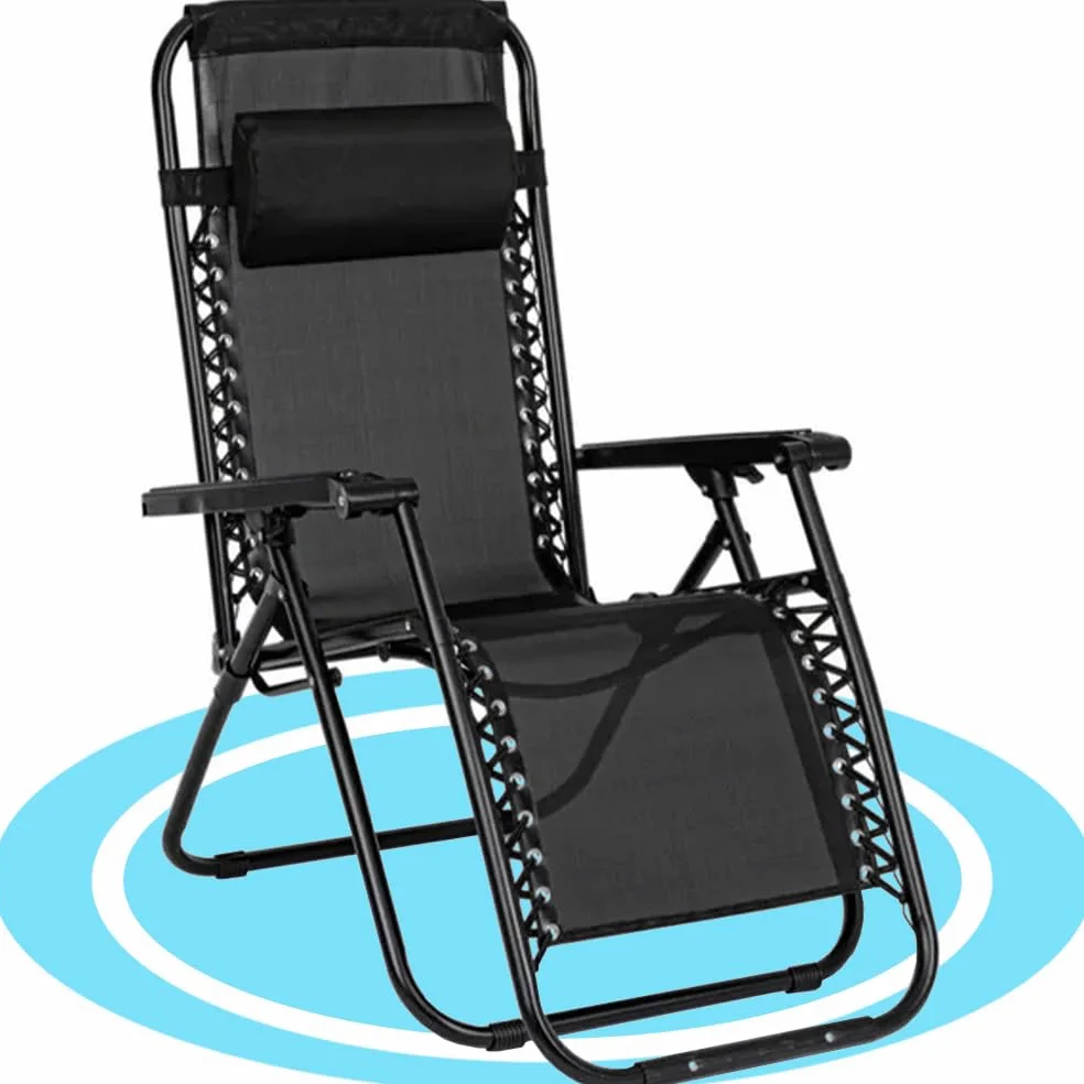 Tumbona Plegable con Reposacabezas y Reposabrazos, Reclinable, Gravedad Cero, Acero Ligero y Resistente, Ideal para Jardín, Playa, Piscina y Terraza, 1 Unidad, Negro