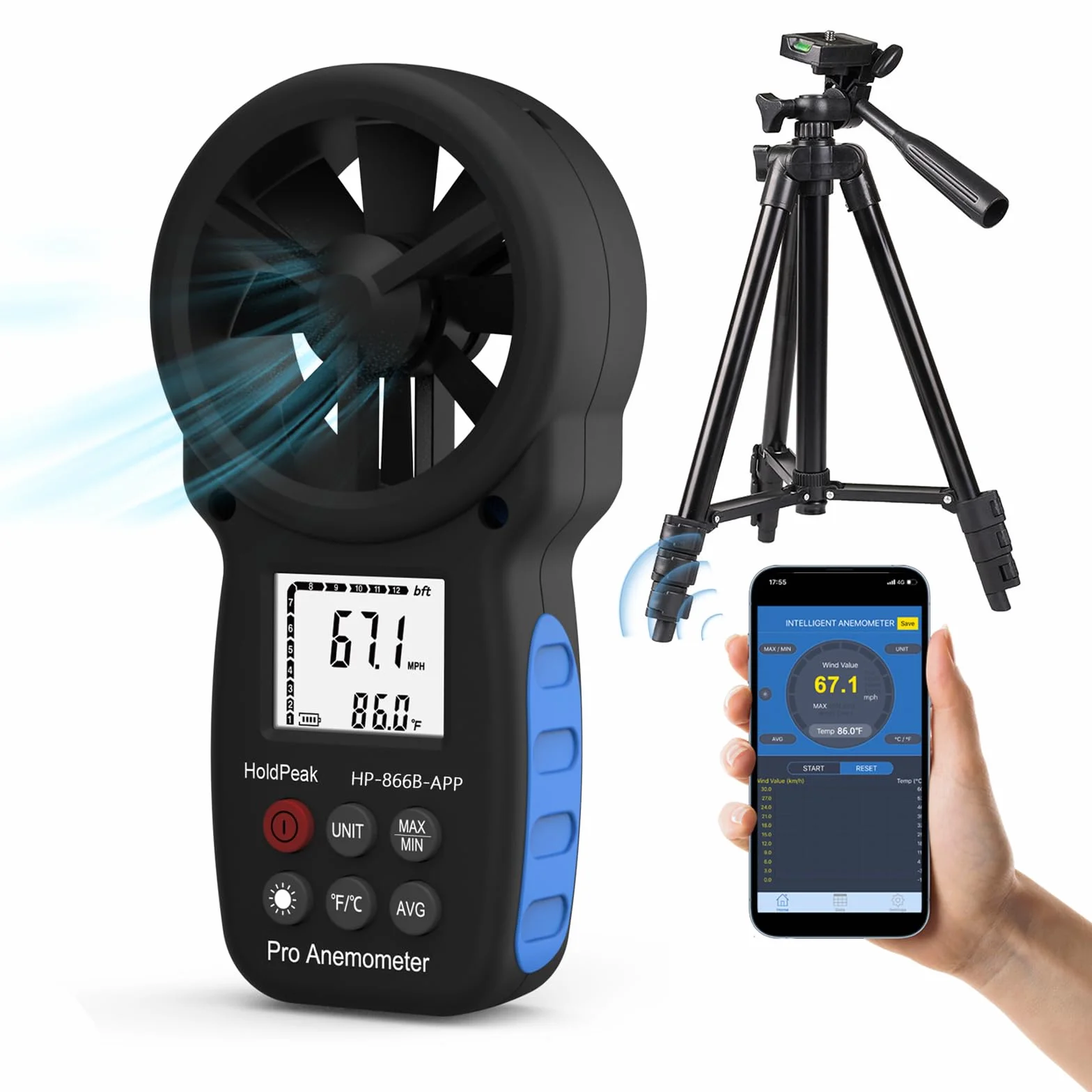 HOLDPEAK HP-866B-APP Anemómetro digital de mano con Bluetooth inalámbrico para medir velocidad del viento, trípope incluido (negro)
