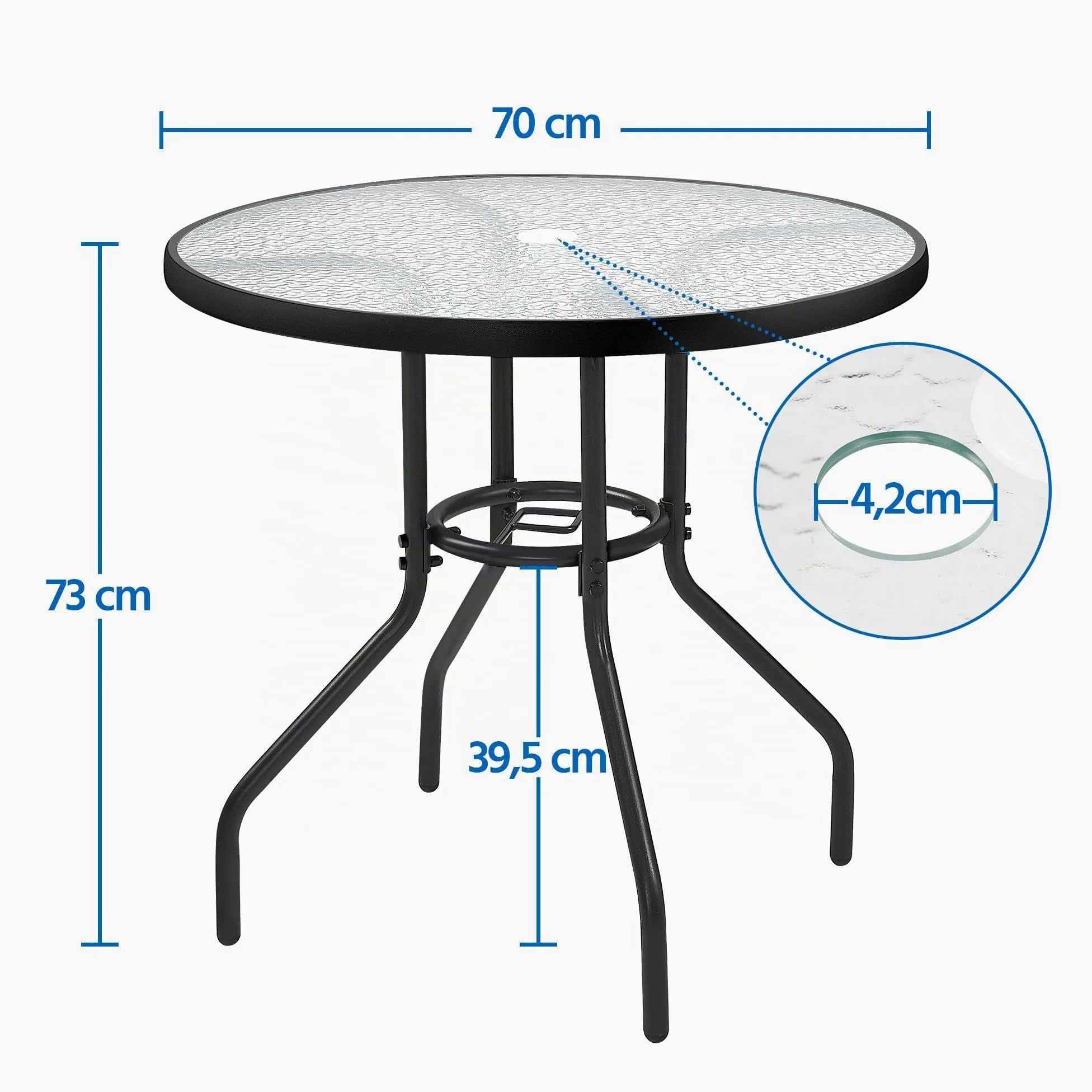 Yaheetech Mesa de Jardín 70cm de Diámetro Redonda de Vidrio Alto 73cm Negro | Vidrio Templado, con Orificio, Marco Duradero, Soporte Estable, Capacidad 45 kg, para Terraza/Jardín/Cafetería/Restaurante