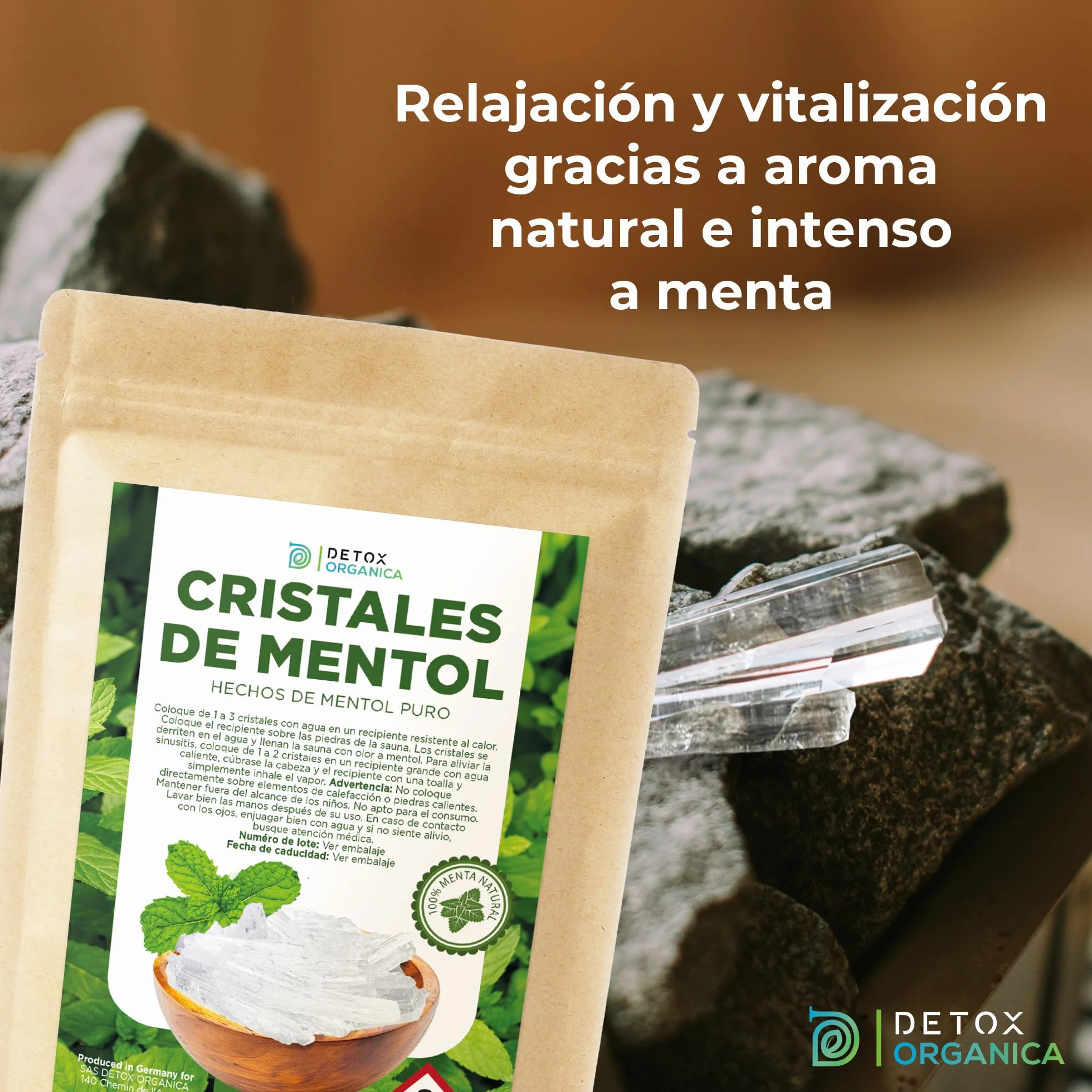 Detox Organica Cristales de Mentol 50g - Hechos 100% de Pura Menta - Menthol Crystals Ideales como Infusión para el Sauna, Baño, Congestión Nasal - Hechos en Alemania