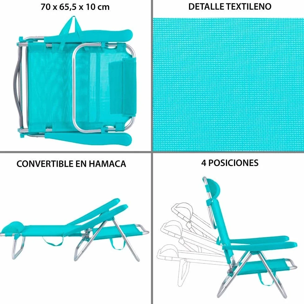 LOLAhome Silla Playa Plegable Ligera Portátil Reclinable 4 Posiciones Cojín Camping Piscina Terraza Jardín Aguamarina
