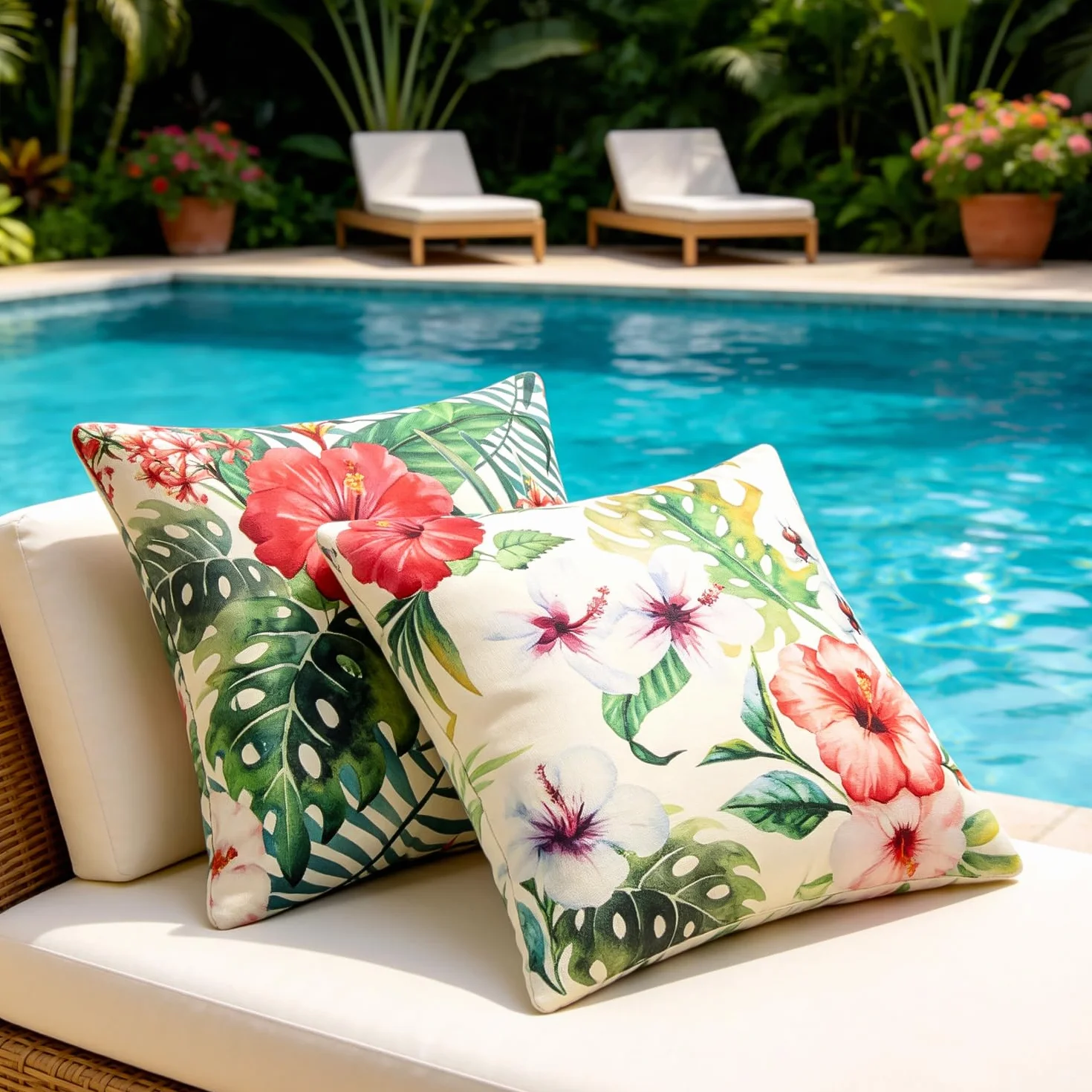 Funda Cojin Exterior Impermeable 45x45 CM Flor Colorida Hojas Monstera Lino Sofa Jardin 2 Piezas