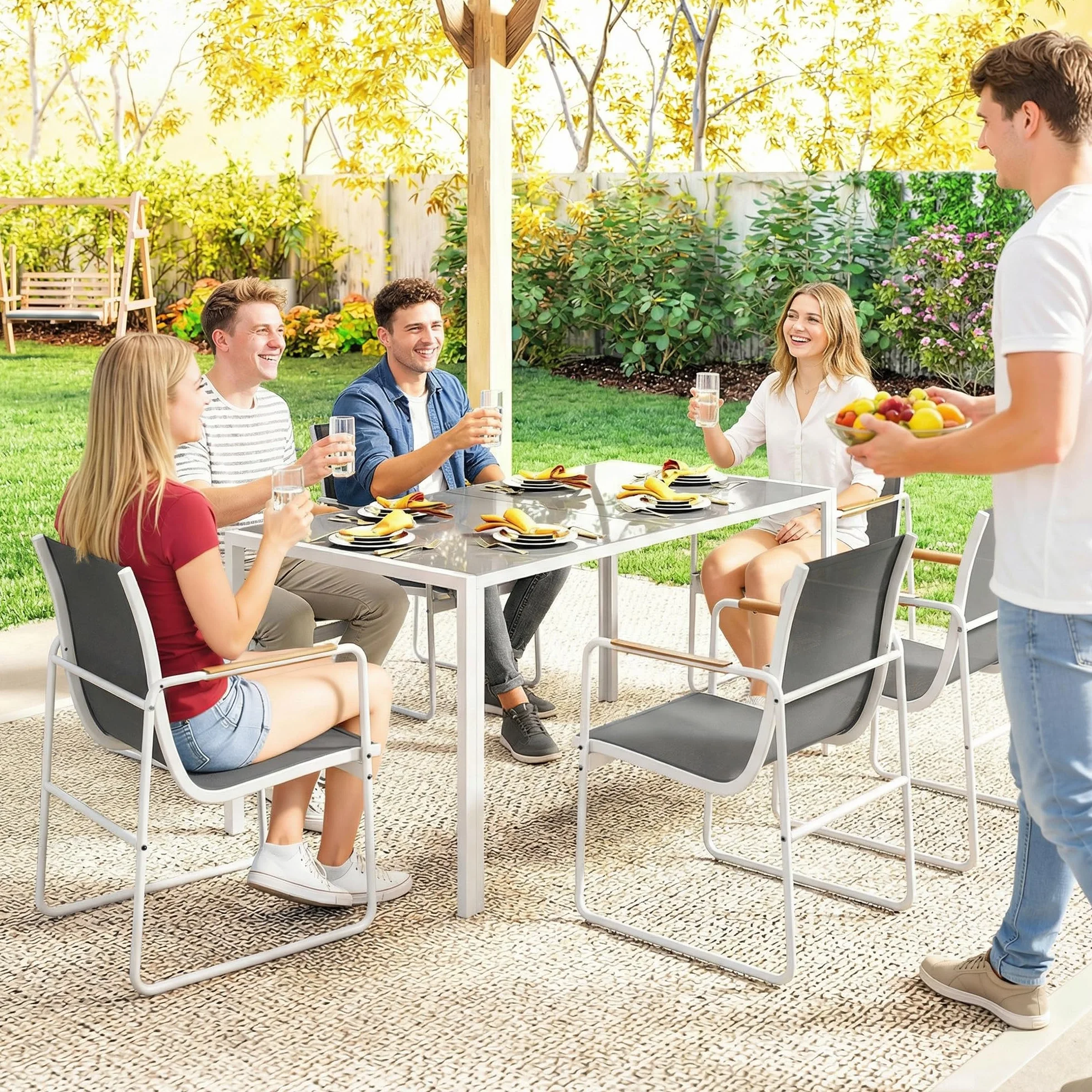 Outsunny Conjunto de Mesa y Sillas Jardín de 7 Piezas, Muebles Jardín Exterior con Mesa de Vidrio Templado, 6 Sillas Transpirables Decorativas, Marco de Acero Resistente a la Intemperie, Blanco y Gris