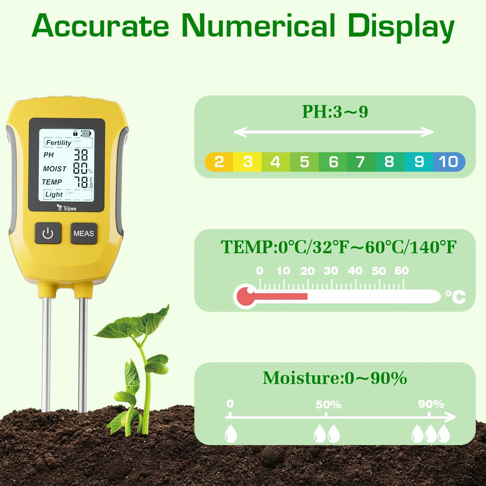 Medidor de Humedad de Plantas 5 en 1 PH Humedad Temperatura Luz Solar con Pantalla LCD Retroiluminada