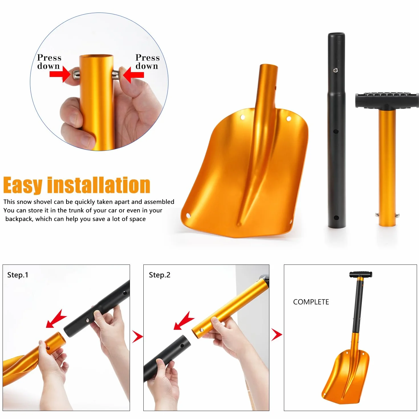 Pala de nieve plegable 4 en 1 de aluminio, 40 x 30 cm, desmontable con bolsa para emergencias