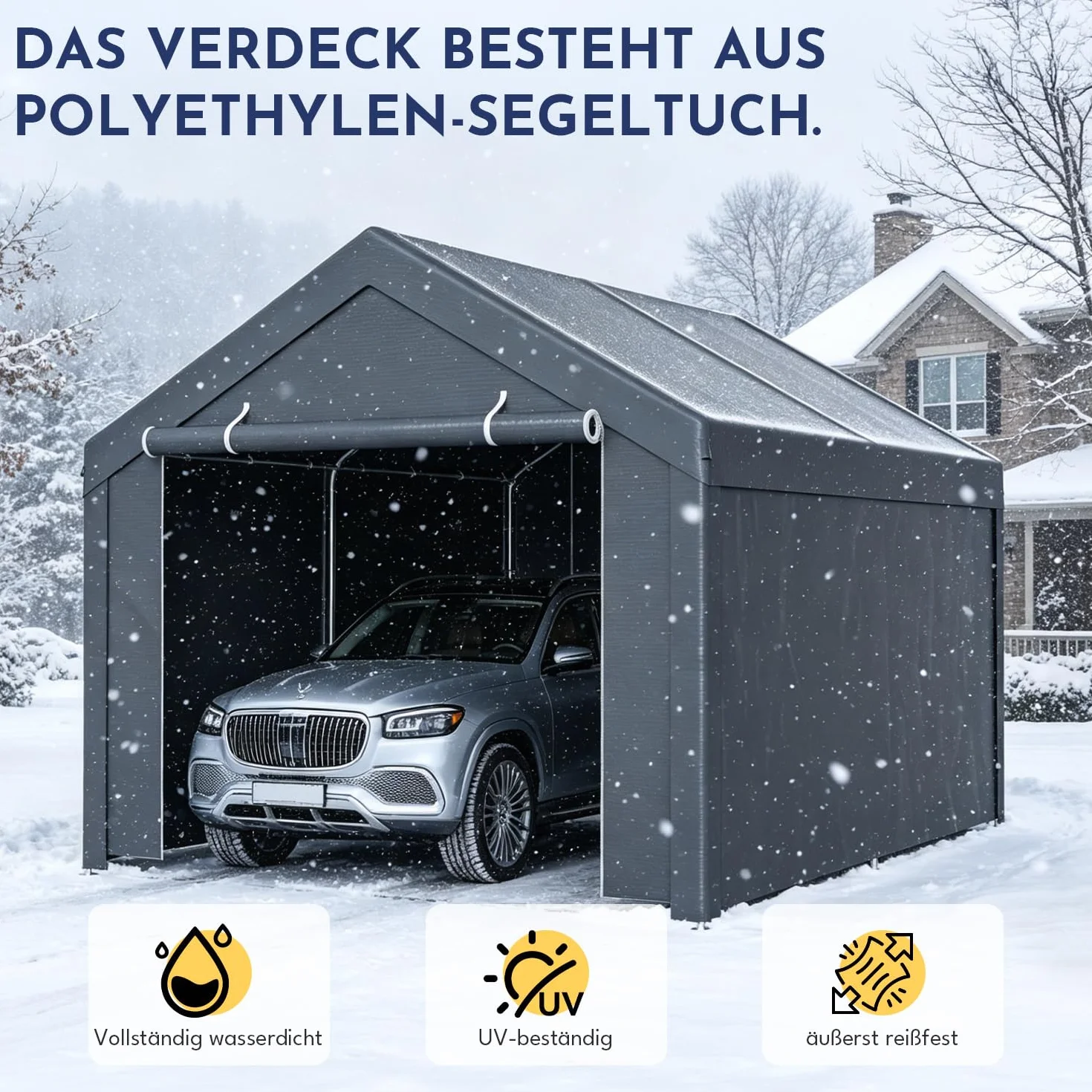 Carport 3x4 m impermeable con lona PE, 2 paredes laterales, protección UV para coche SUV barco