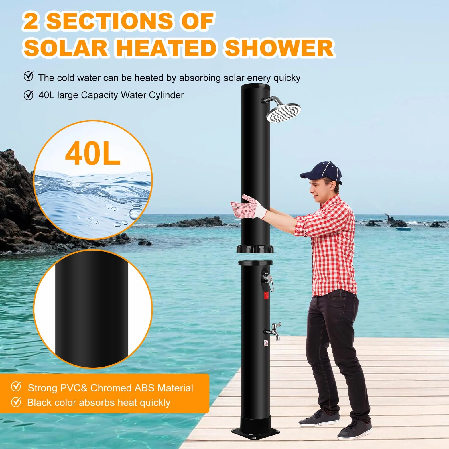 Ducha Solar Exterior 40 litros Jardín 360° Cabeza Ducha Grifo Agua Caliente 60°C Negro