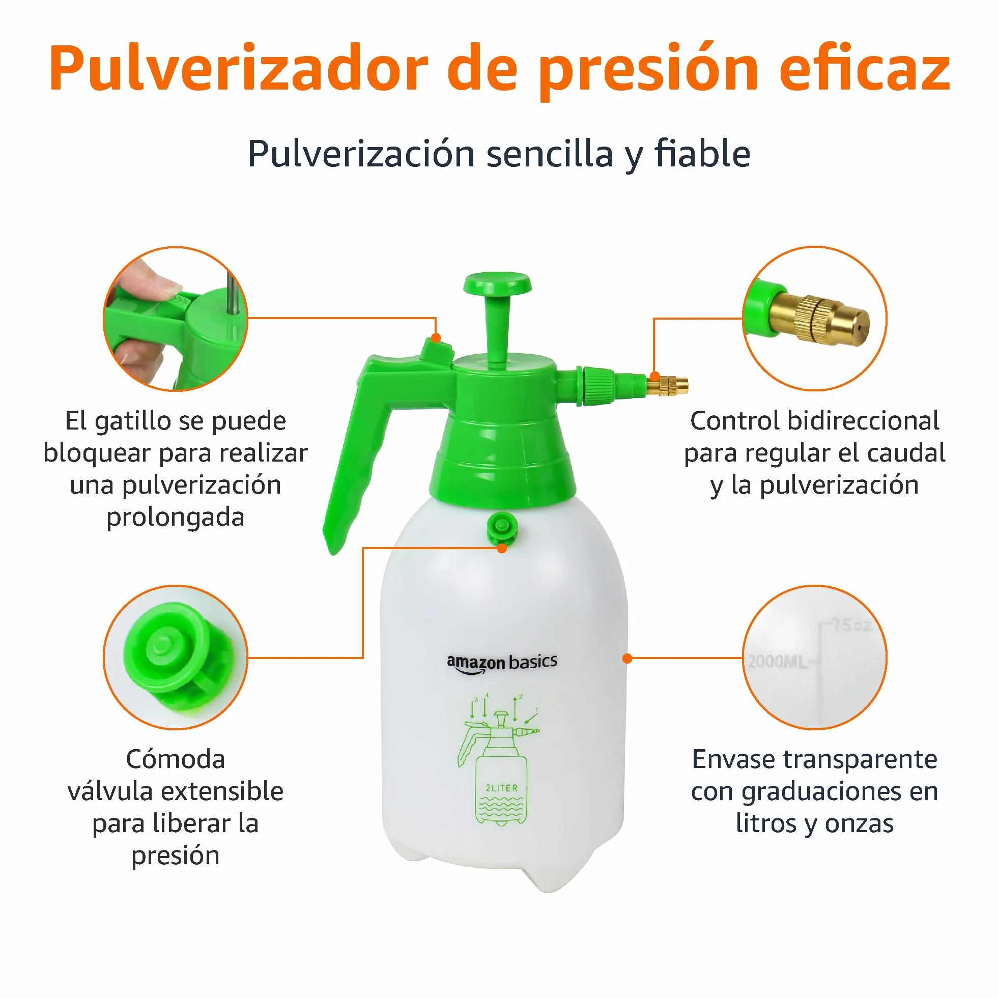 Amazon Basics Pulverizador a presión 2 l con mecanismo de gatillo con bloqueo