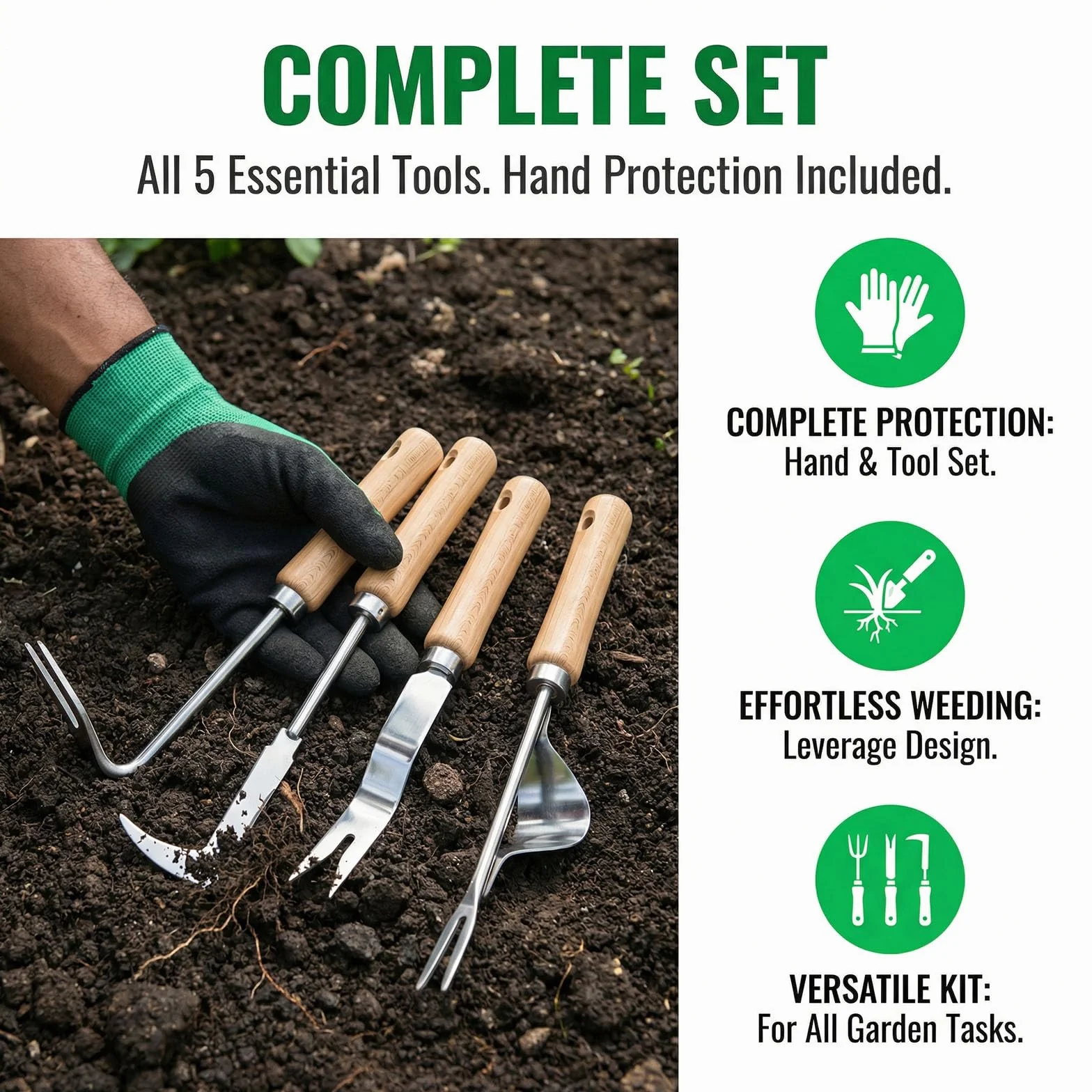 Desherbador Manual de Acero Inoxidable 4 Piezas, Herramientas de Jardín para Extraer Malas Hierbas