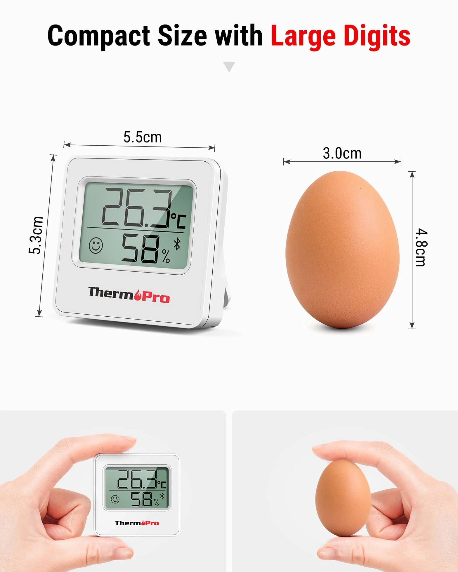 ThermoPro TP357 Termómetro Higrómetro Digital Bluetooth 260FT con Monitor Remoto de Temperatura y Humedad y APP Inteligente, Blanco