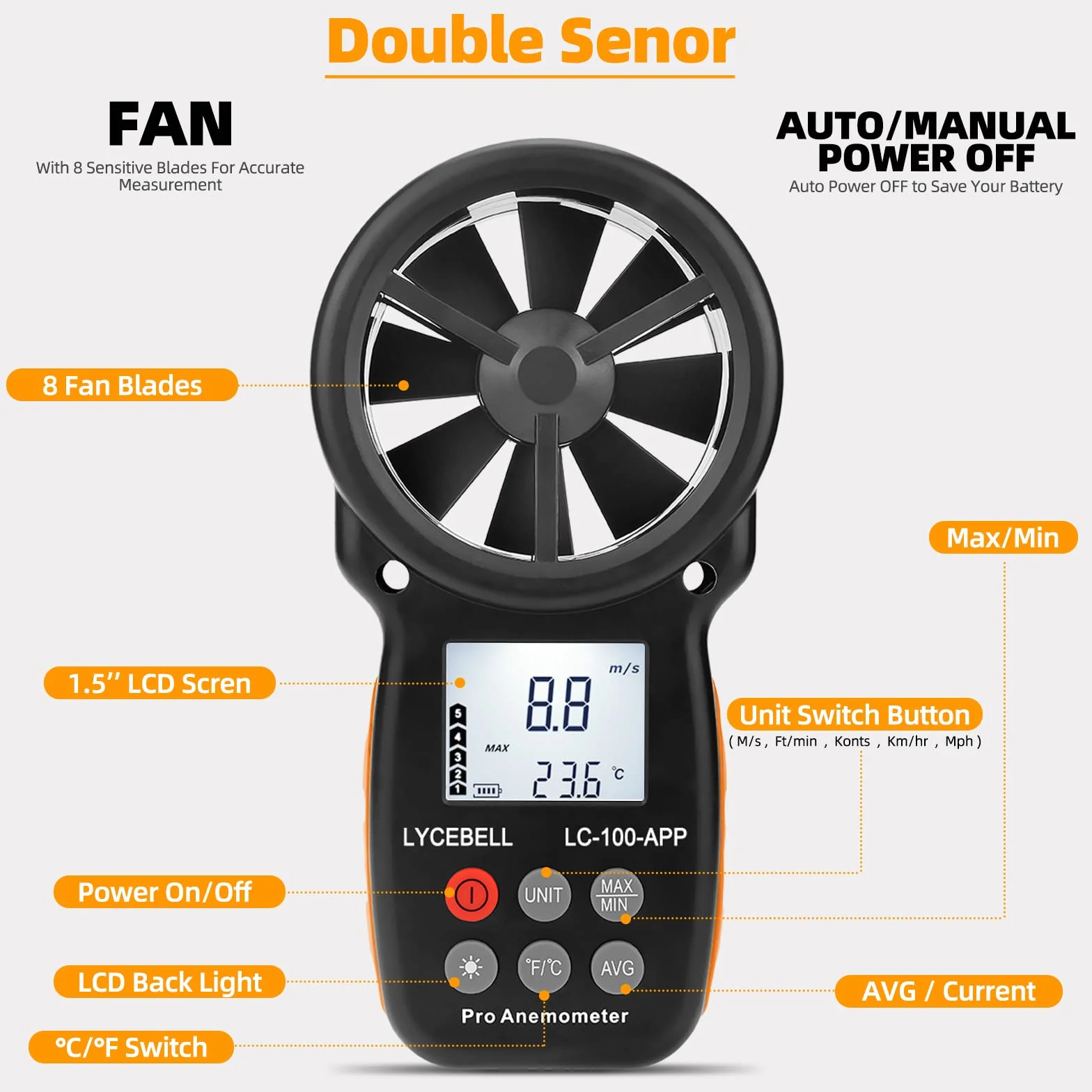 Anemómetro Digital de Mano LC-100-APP Bluetooth Medidor de Velocidad del Viento Temperatura