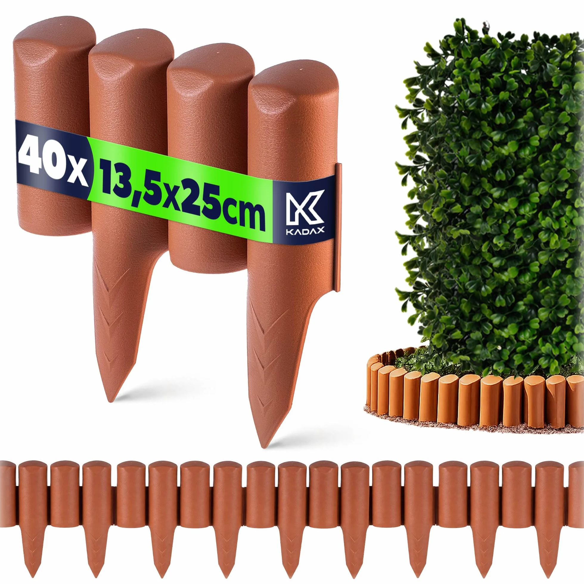 KADAX Empalizada de jardín de plástico, para flores, borde decorativo para césped, cercado con estaca, tipo estaca, borde de madera (terracota, 10 m)