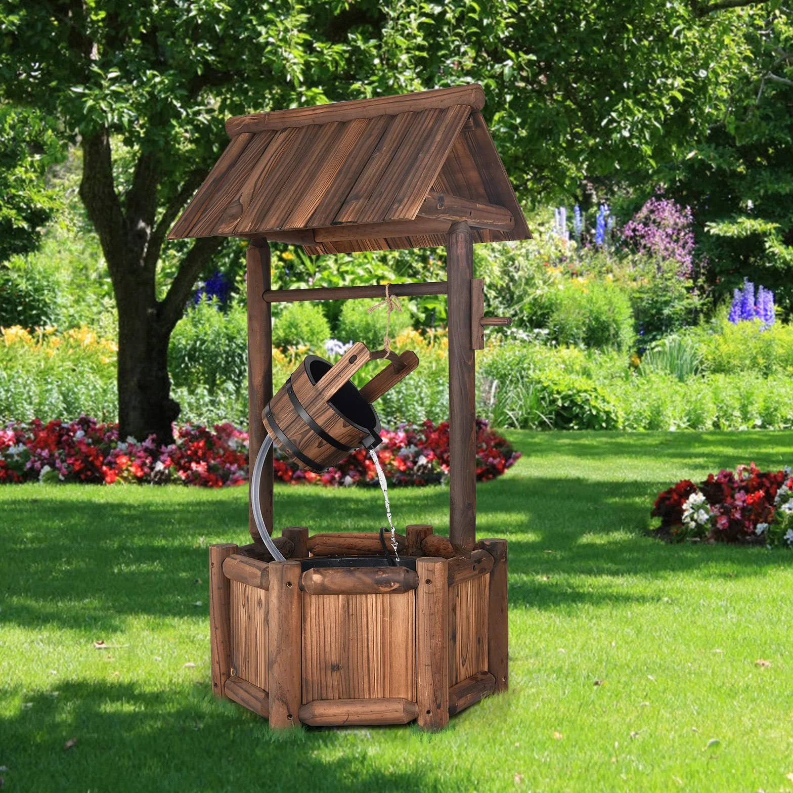 COSTWAY Fuente de Pozo de Deseos de Agua, Rústica de Madera al Aire Libre de Jardín, Decorativa de Patio Con Bomba Eléctrica