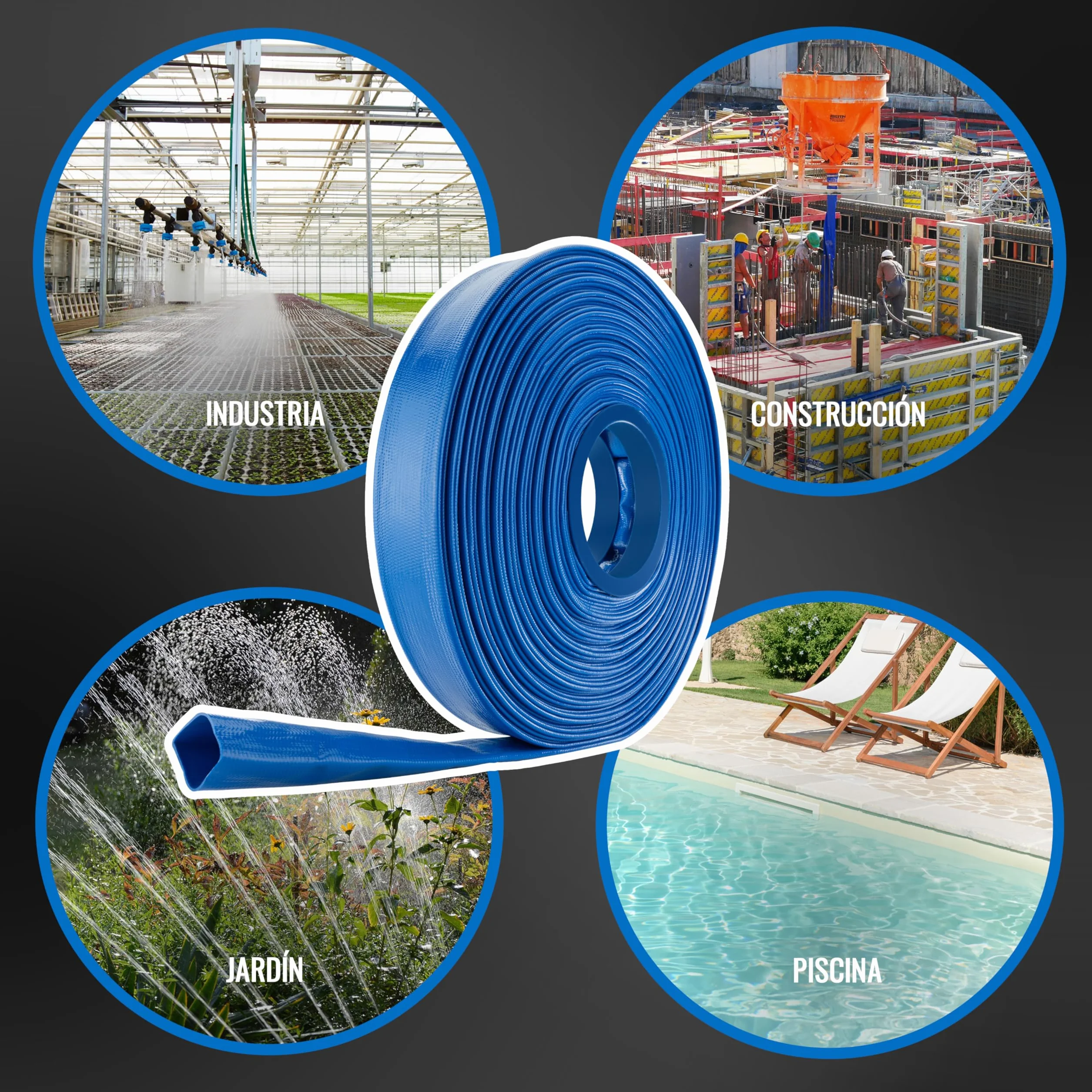 Poppstar Manguera plana de descarga de agua de PVC 40m, Ø 38mm (1 1/2 pulgada), presión de trabajo 7 bar, manguera de bombeo, azul