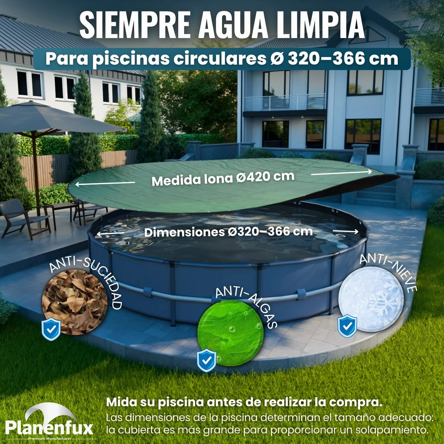 Planenfux® Cobertor de Invierno Redondo para Piscinas Ø 366 cm PE 200g/m² UV-Resistente Lona Solar