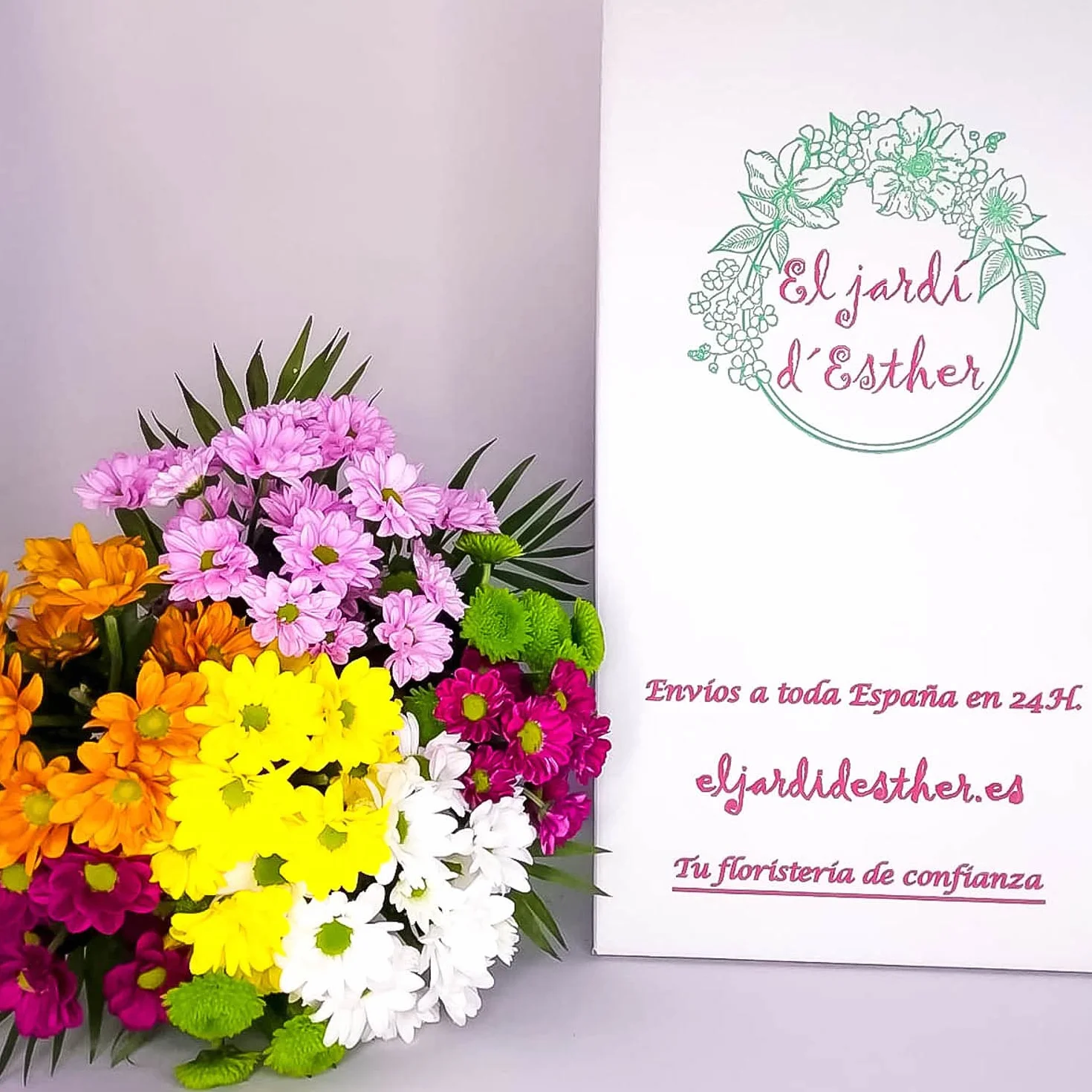 EL JARDÍ D´ESTHER Ramo de margaritas naturales Rosa, blanco, amarillo, verde Tarjeta dedicatoria