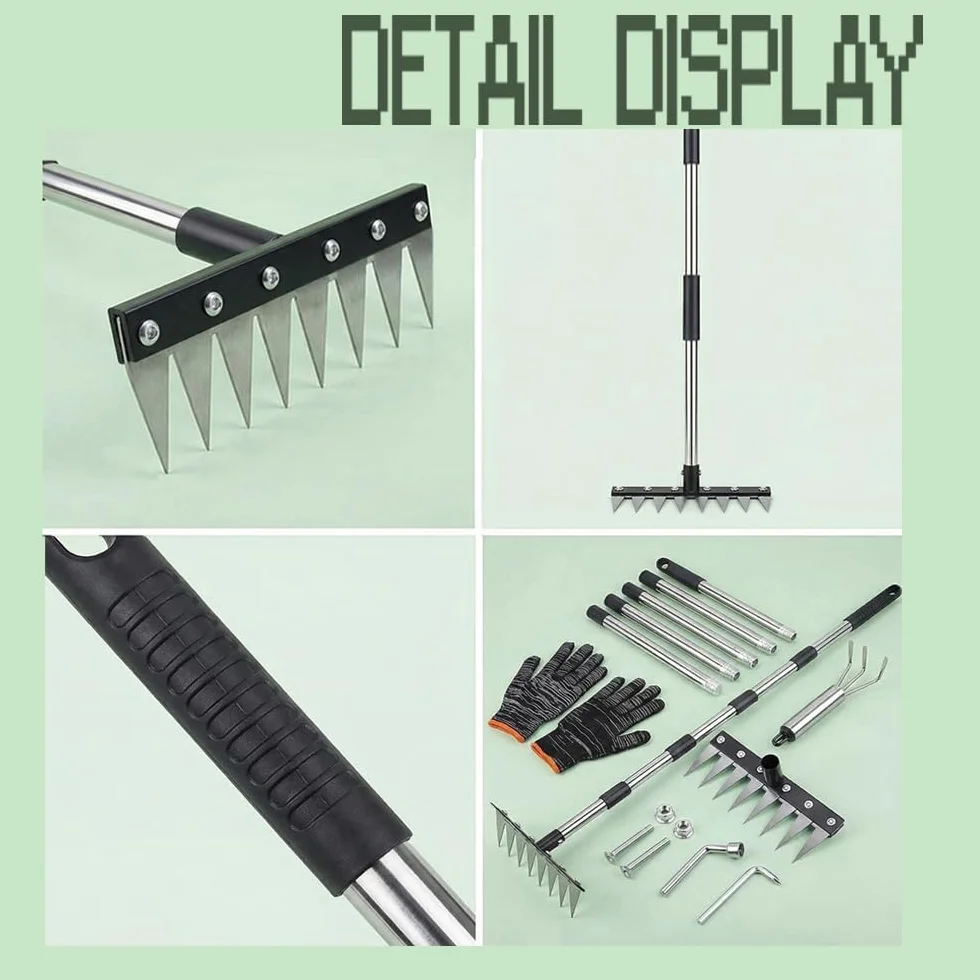 Rastrillo de Deshierbe 185cm, Acero Inoxidable, 8 Dientes, Herramienta de Jardín