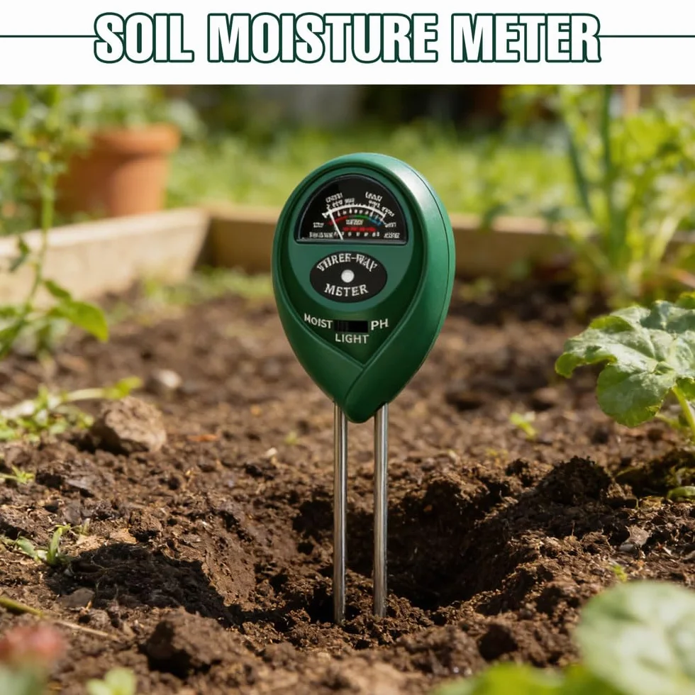 Medidor de Humedad del Suelo 3-en-1 con Función de Luz y Prueba de PH para Jardinería