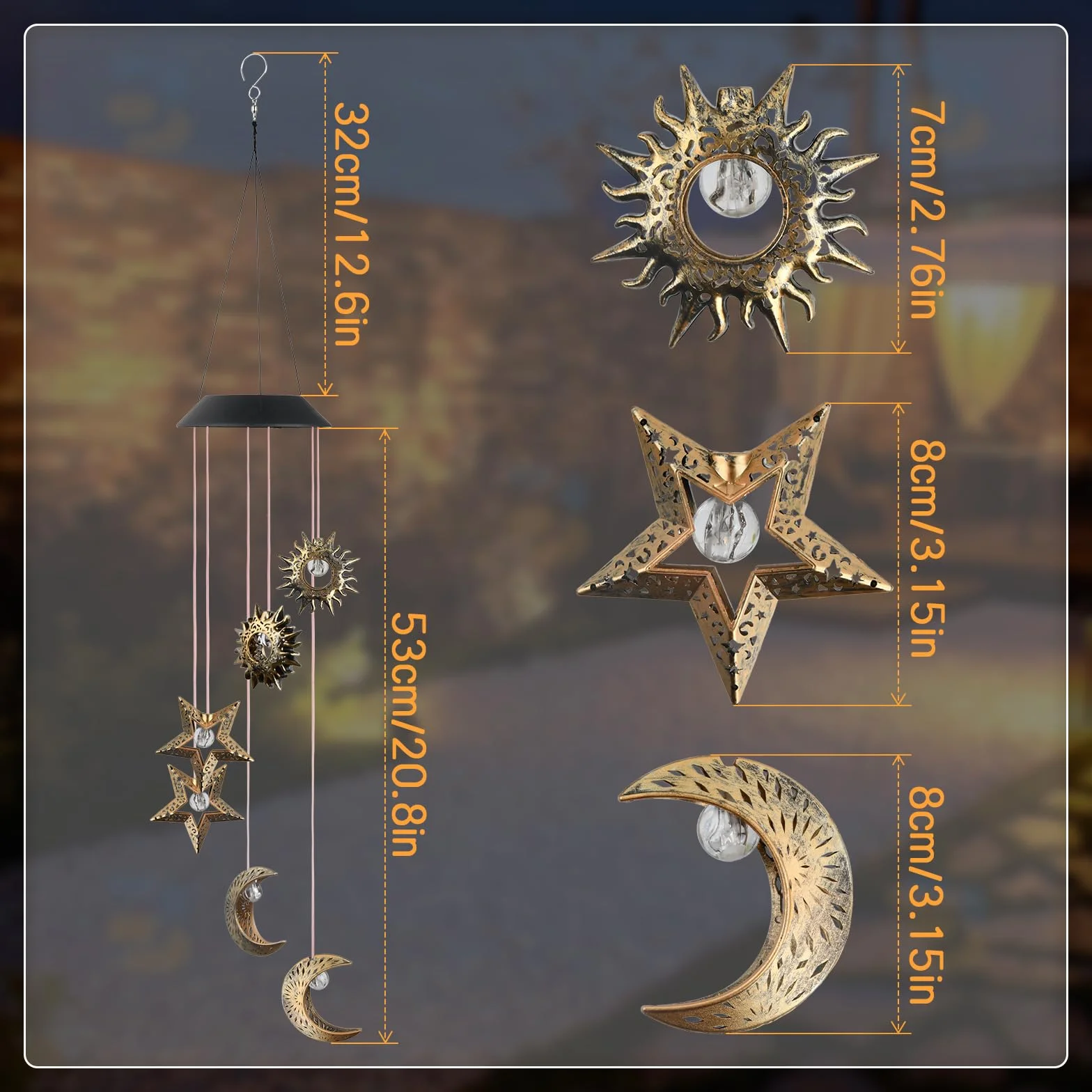 Campanas de Viento Solares LED para Exterior – Lámpara Decorativa Colgante de Jardín con Luz Solar, Sol, Luna y Estrella