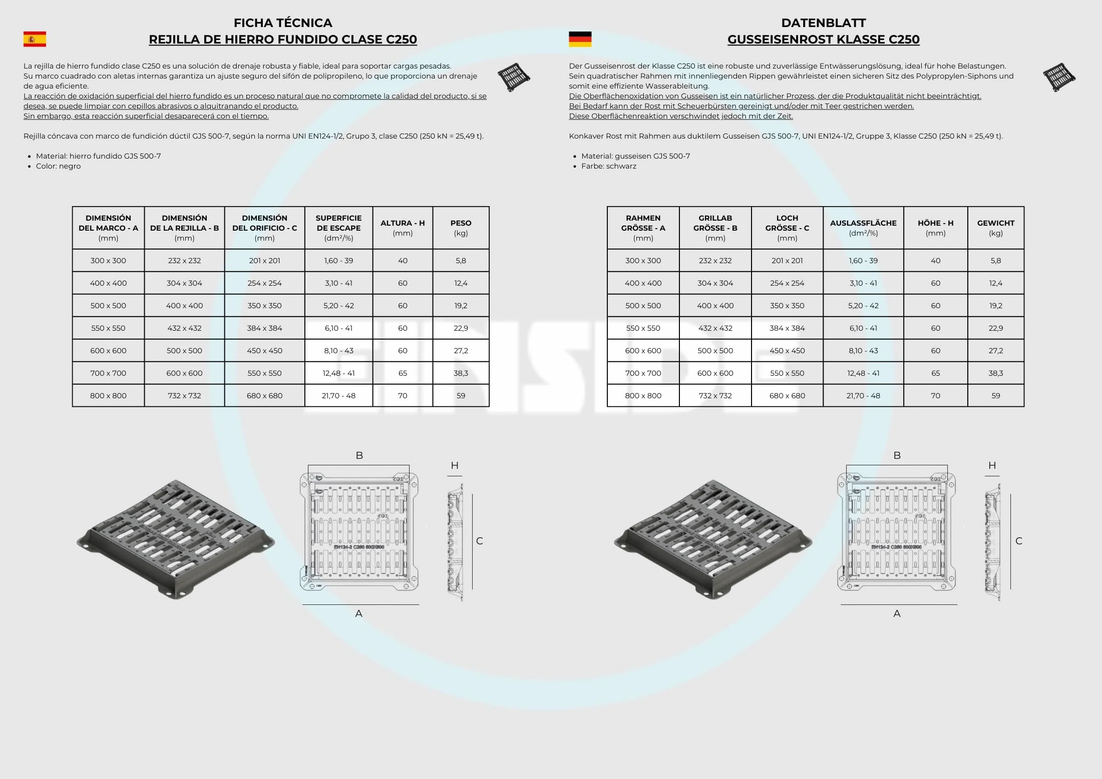 EINSIDE Rejilla de hierro fundido dúctil clase C250 30x30 cm con cierre a presión