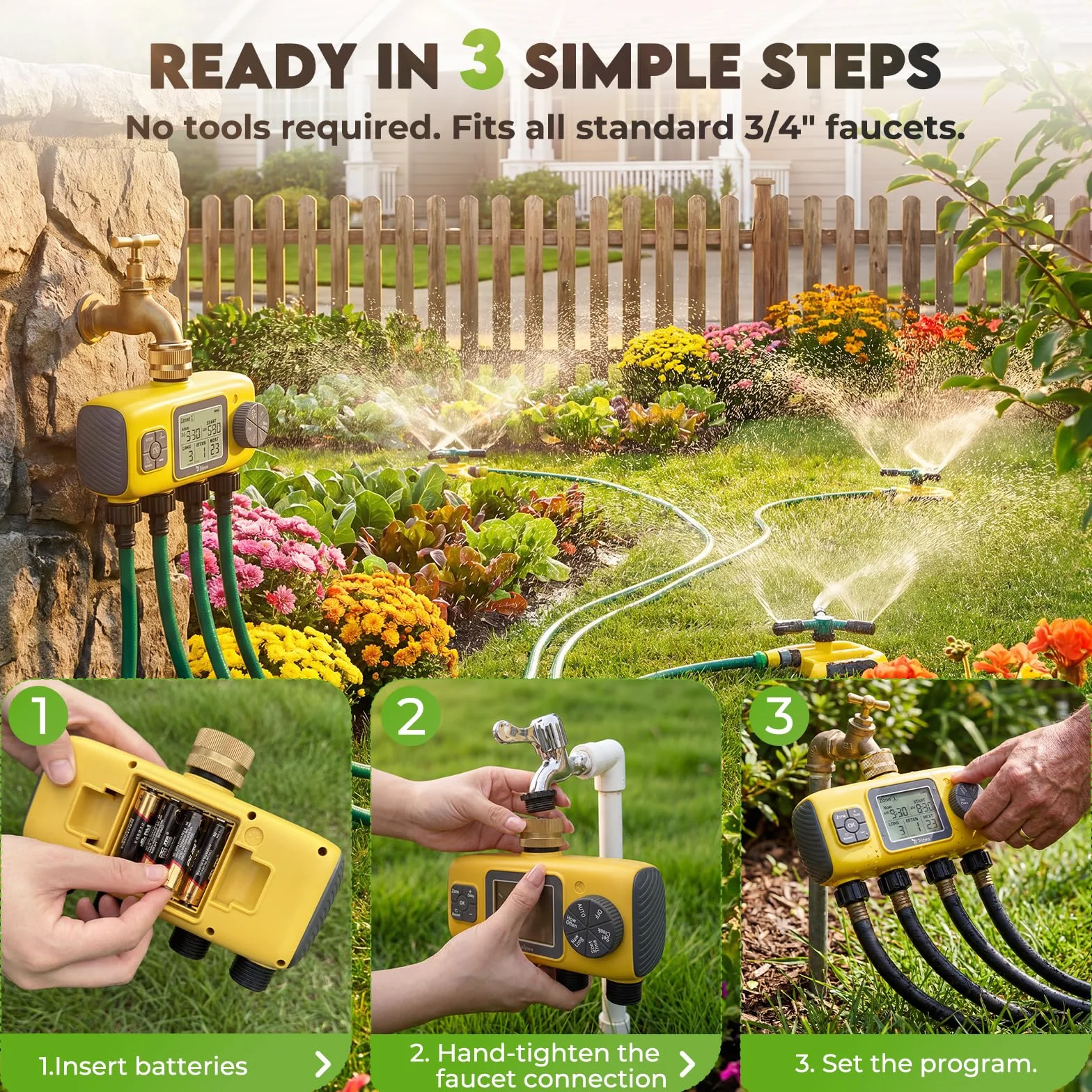 Programador Riego Automático 4 Entradas de Agua, Controlador de Latón con Pantalla LCD, IP65 Impermeable