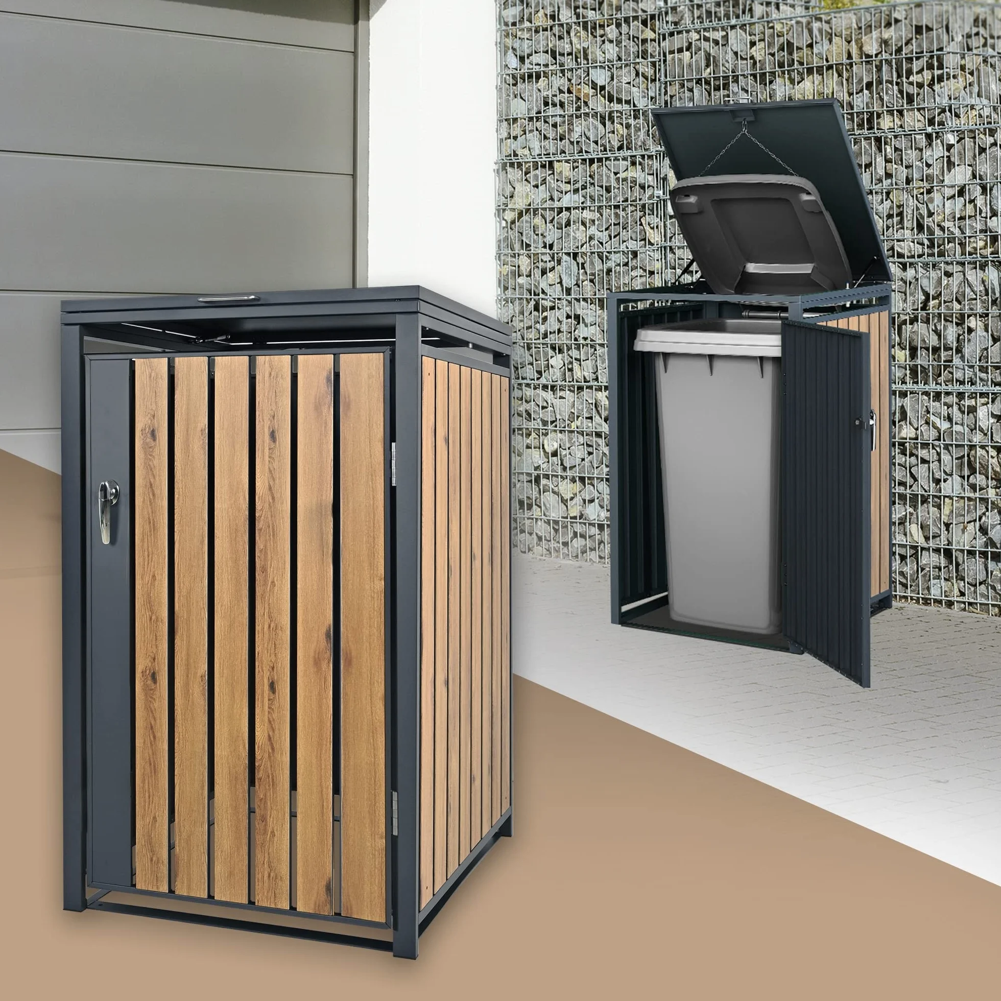 Cobertizo para Cubo de Basura 240L Antracita Aspecto Roble 68x80x116,3 cm Caseta de Acero para Jardín Exterior