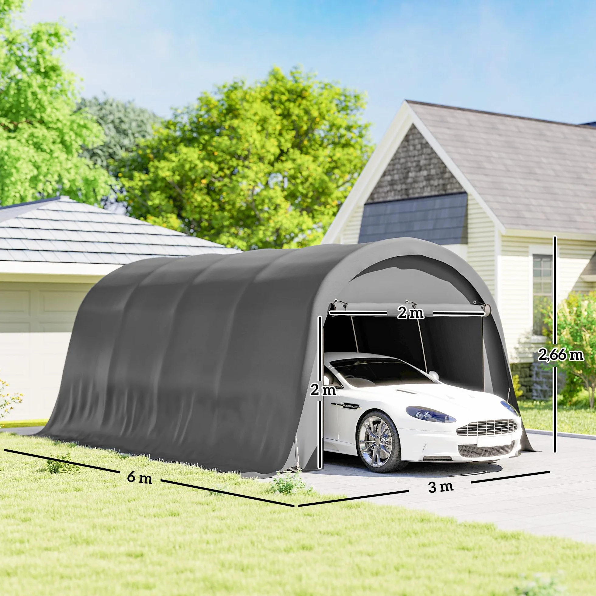 Outsunny Carport impermeable 3x6 m con paredes laterales extraíbles puerta enrollable techo arqueado UPF50+
