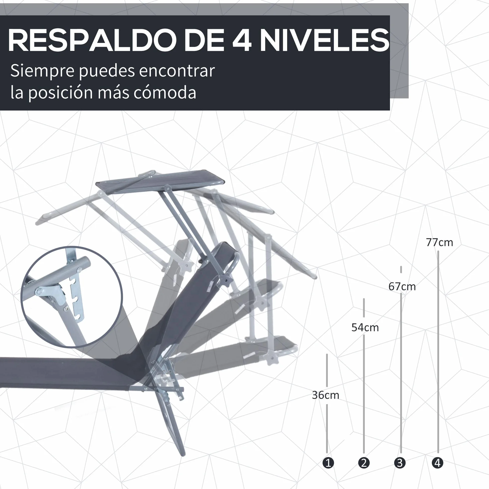 Outsunny Tumbona Plegable Jardín Exterior Reclinable con Toldo Desmontable Respaldo Ajustable 4 Niveles 187x58x36 cm Gris