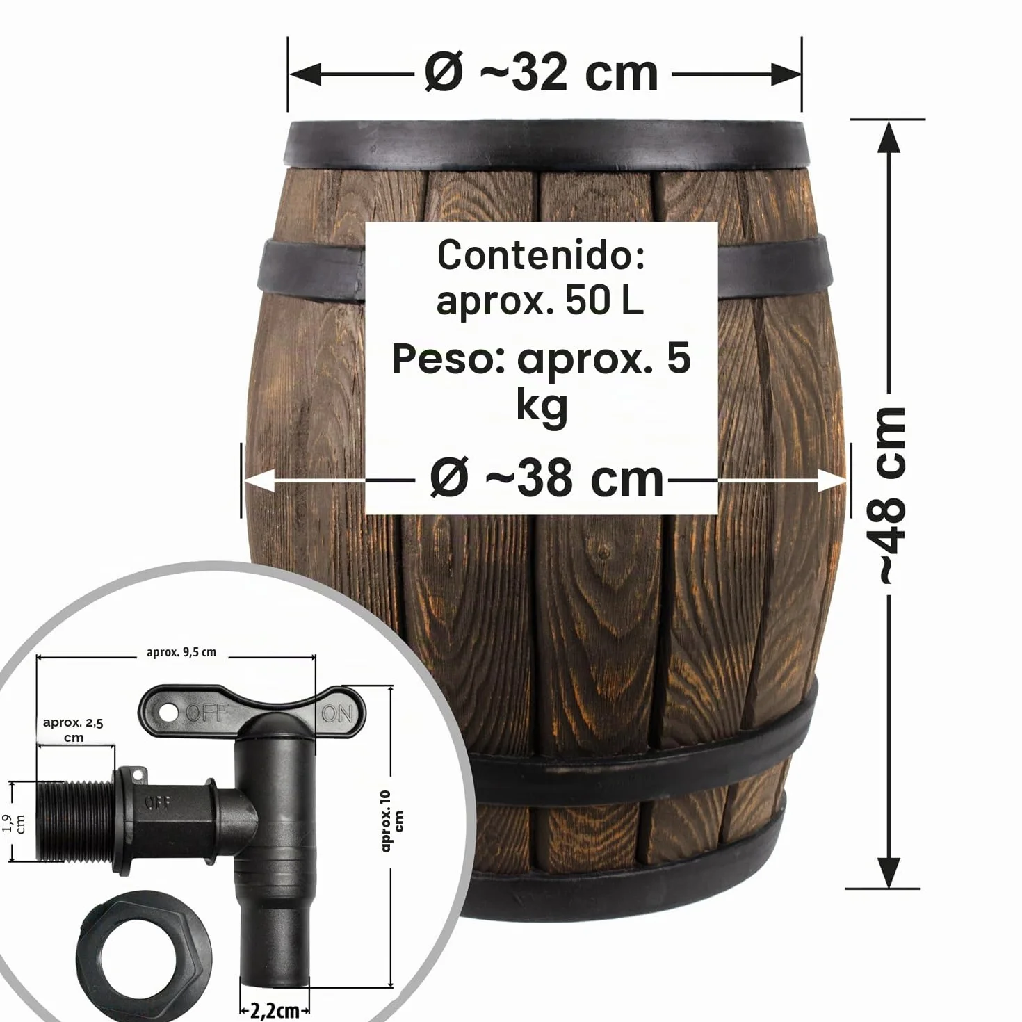Barril de Lluvia de Madera auténtica 50l