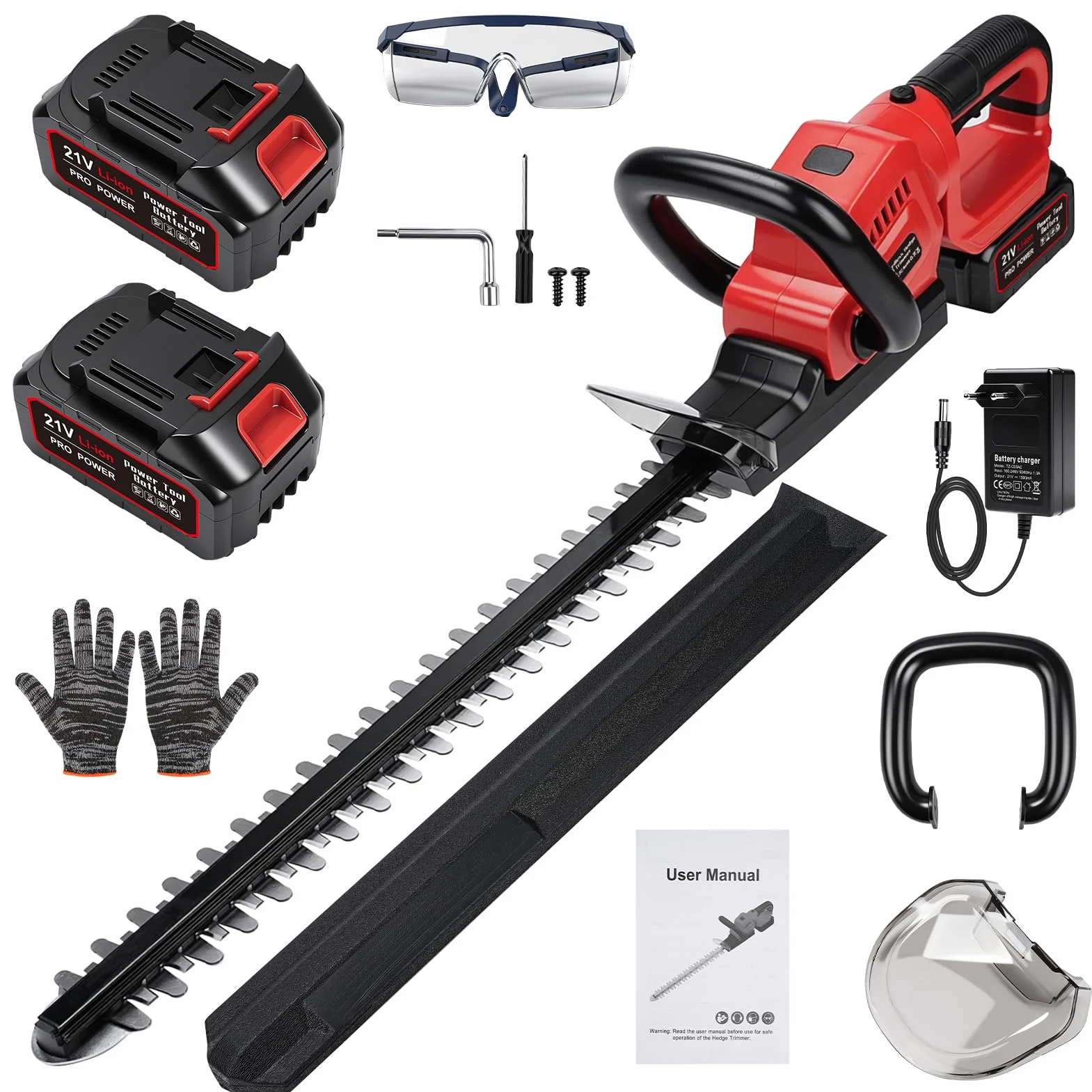 Cortasetos inalámbrico 21 V con 2 baterías de 3000 mAh y cargador, longitud de corte de 56 cm, separación entre dientes 18 mm, cuchilla doble filo SK5, cortasetos eléctrico 850 W para setos y arbustos